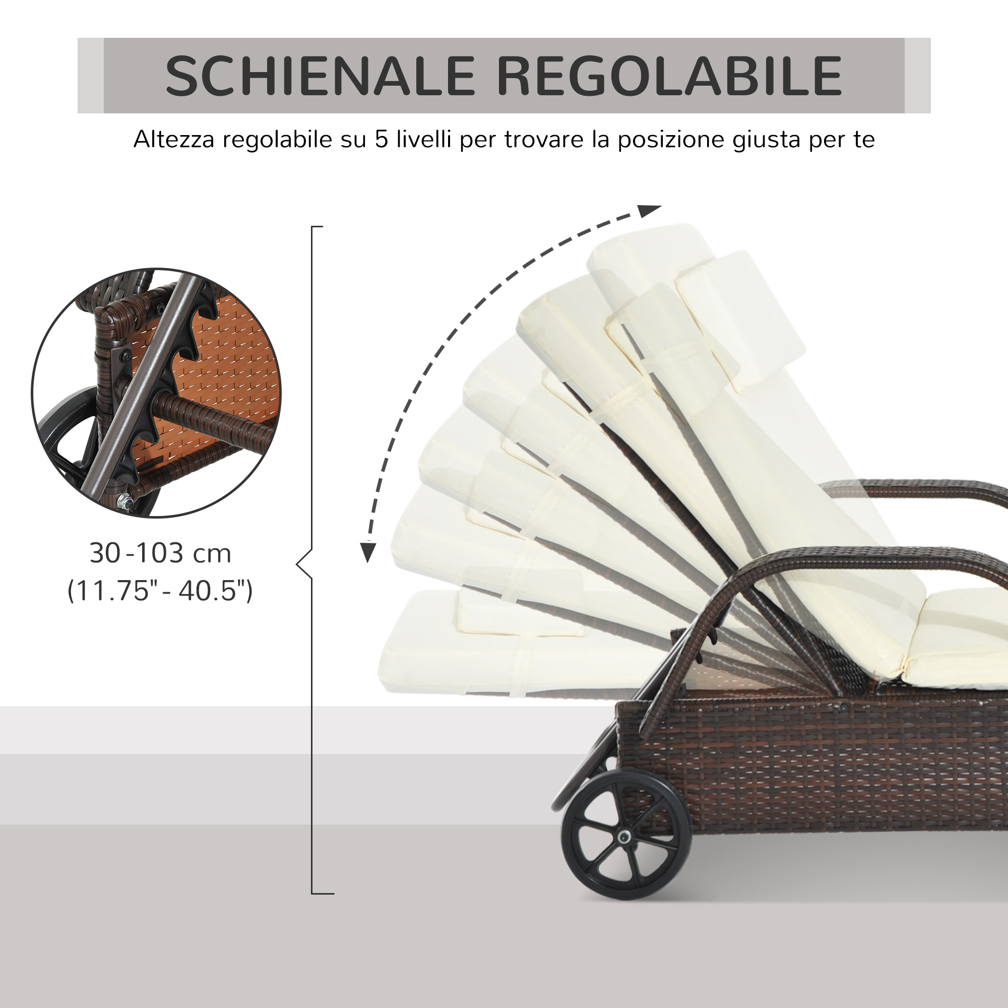 Schienale regolabile di una sdraio in rattan marrone con cuscino bianco e ruote.