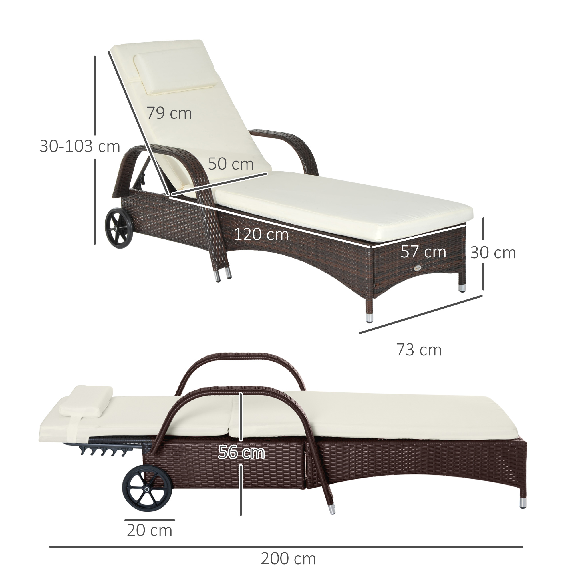 Lettino prendisole in rattan marrone con cuscino beige, dimensioni indicate.