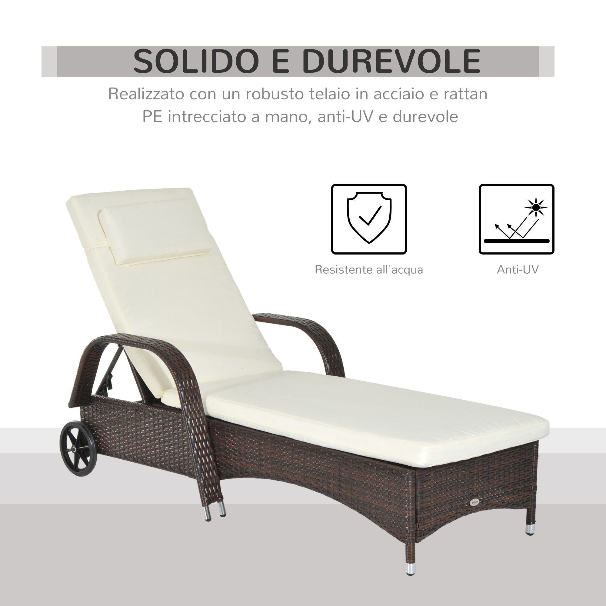 Lettino prendisole in rattan marrone con cuscino bianco e ruote, resistente.
