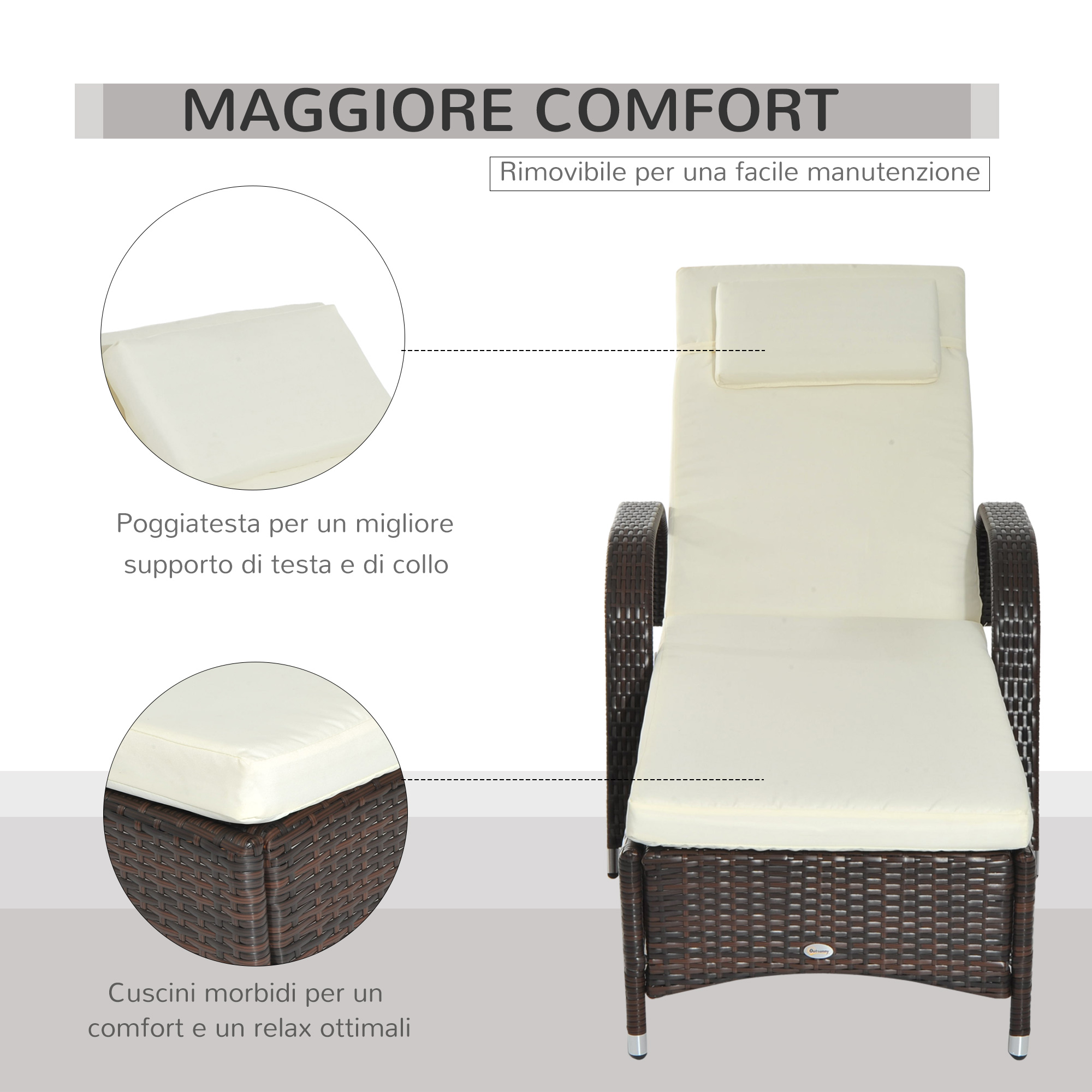 Sdraio in rattan marrone con cuscini color crema, poggiatesta e poggiapiedi.