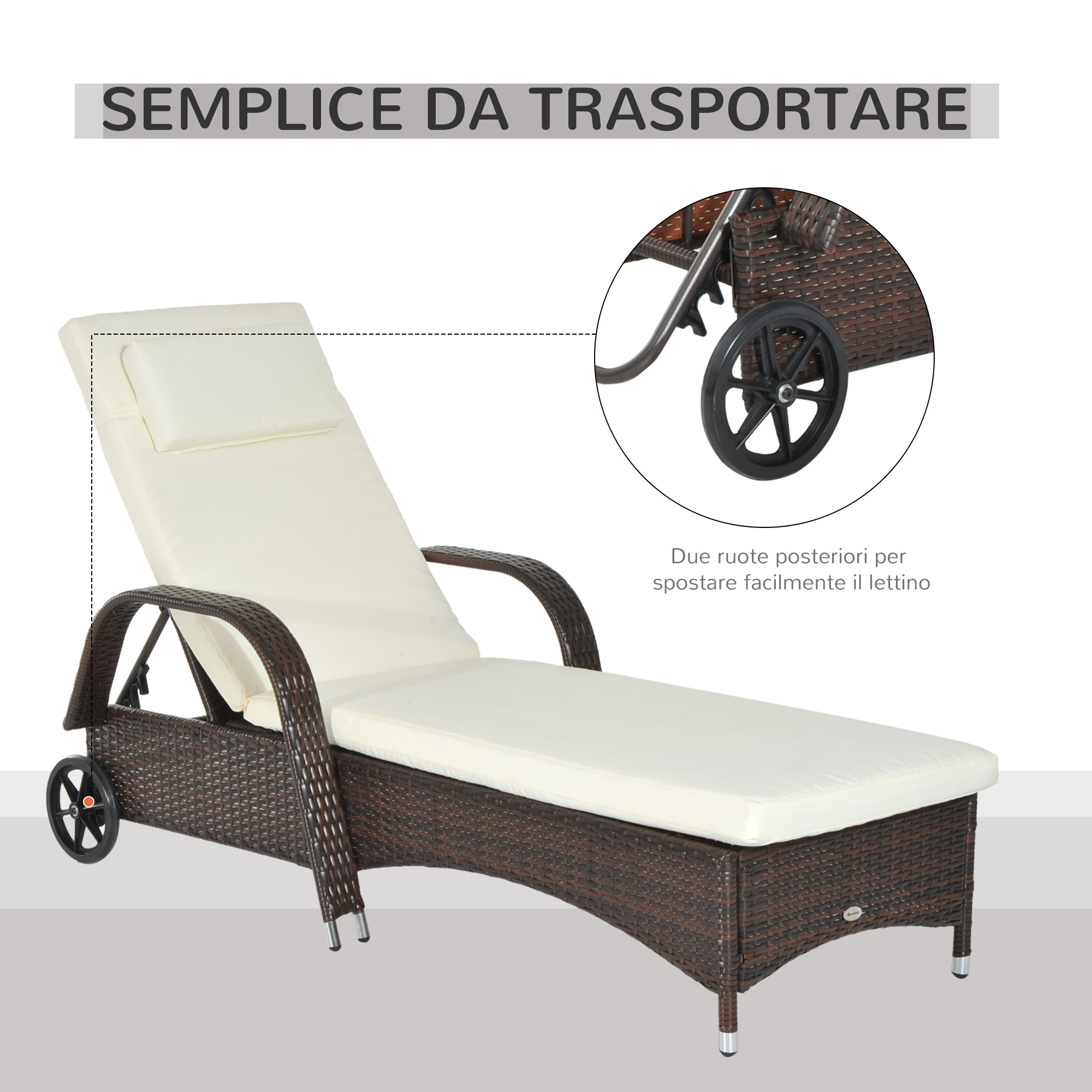 Lettino prendisole in rattan marrone con cuscino crema.