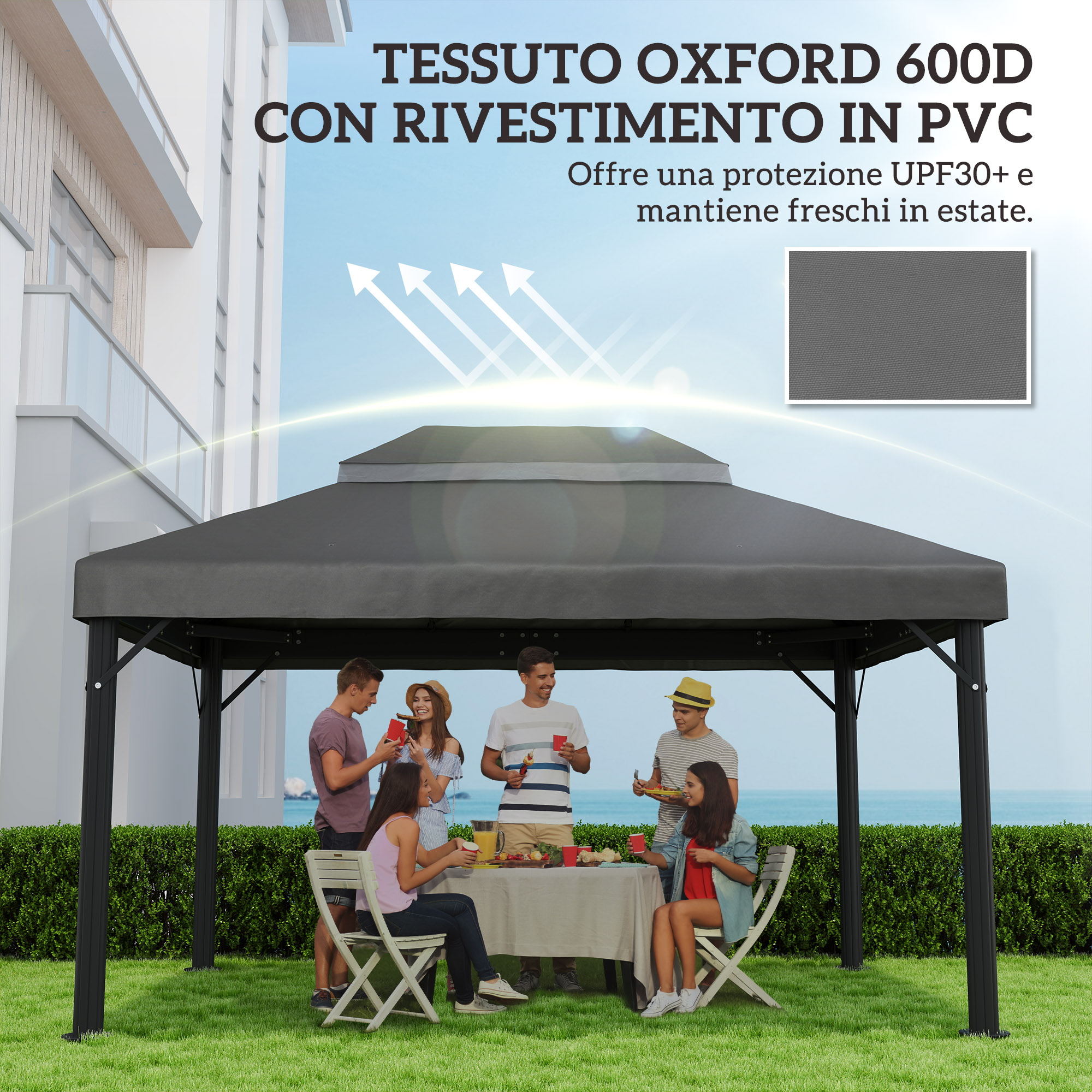 Persone festeggiano sotto un gazebo al mare in una giornata di sole.