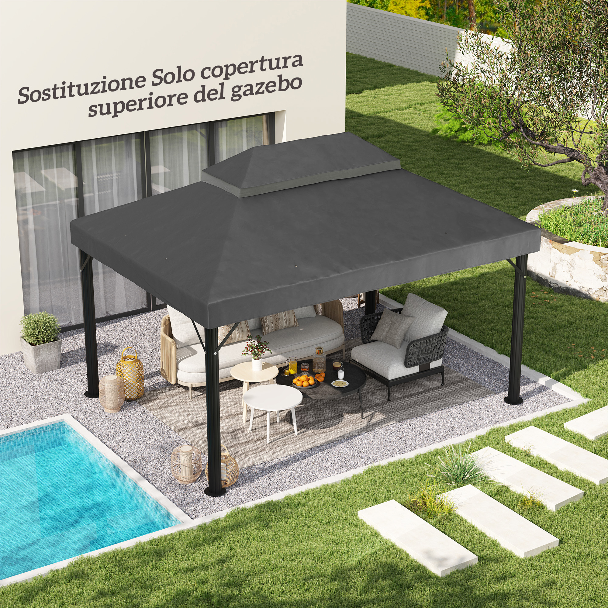Un gazebo scuro con posti a sedere e una piscina in giardino.