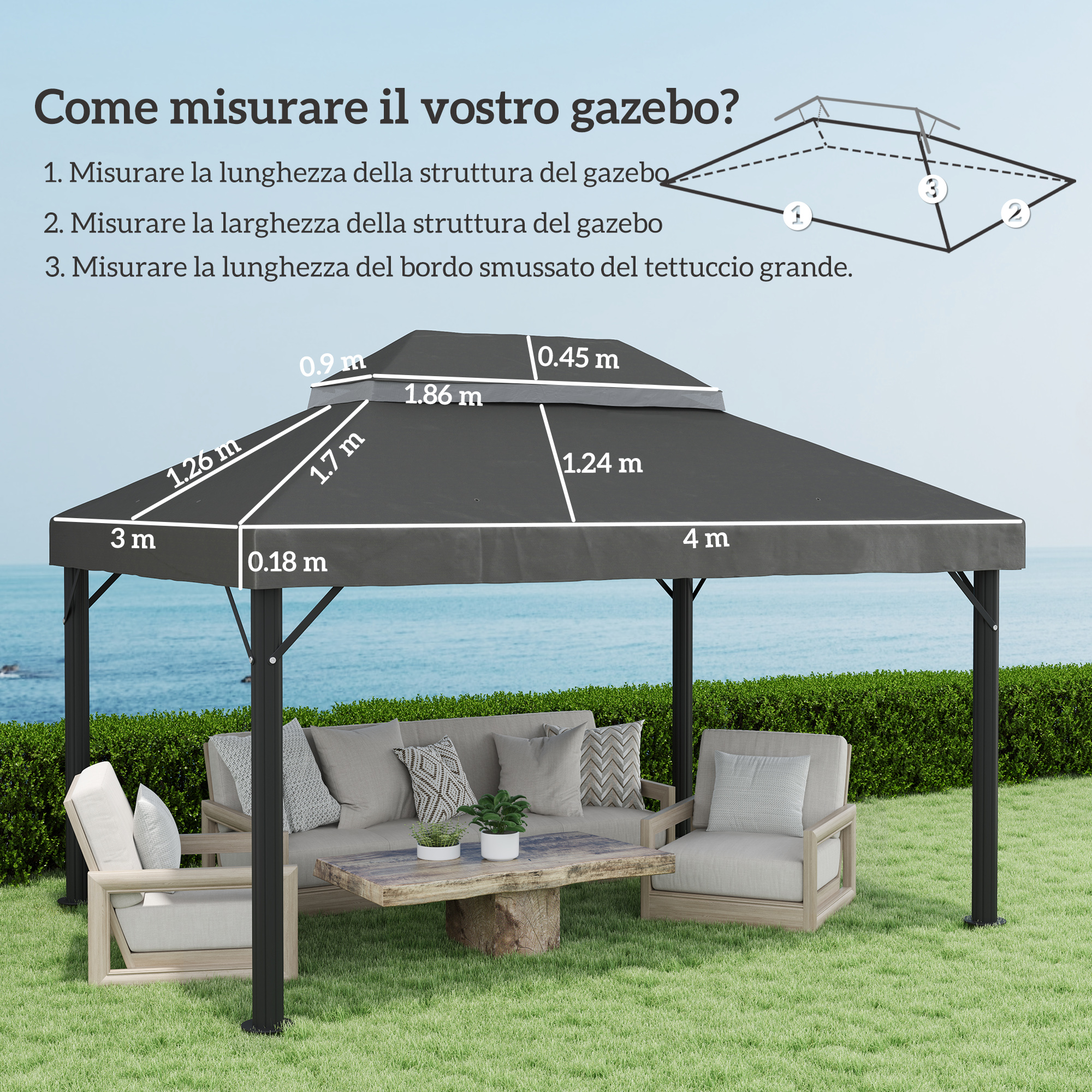 Un gazebo scuro con misure, posizionato all'aperto.