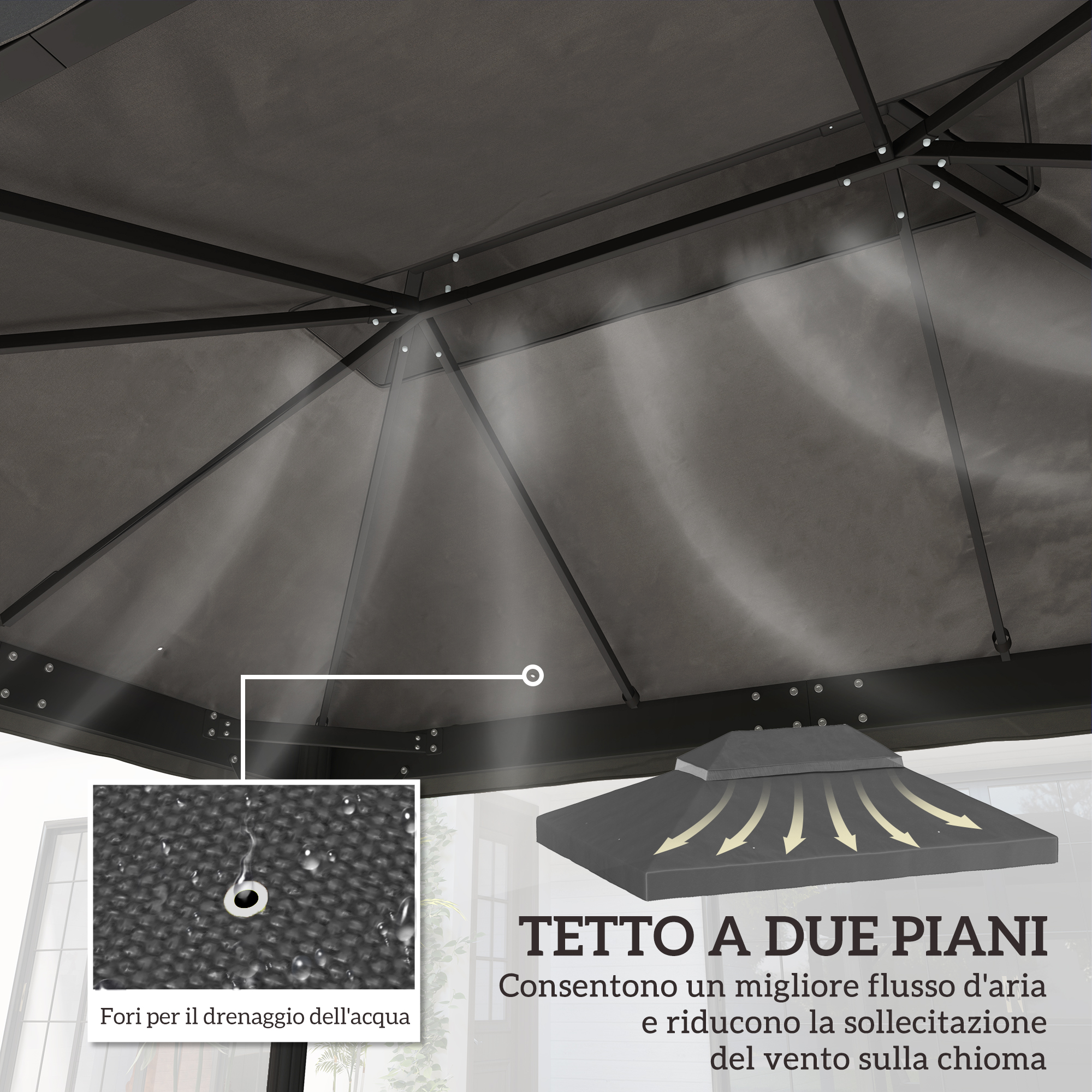 Gazebo grigio con tetto a due piani e fori di drenaggio.