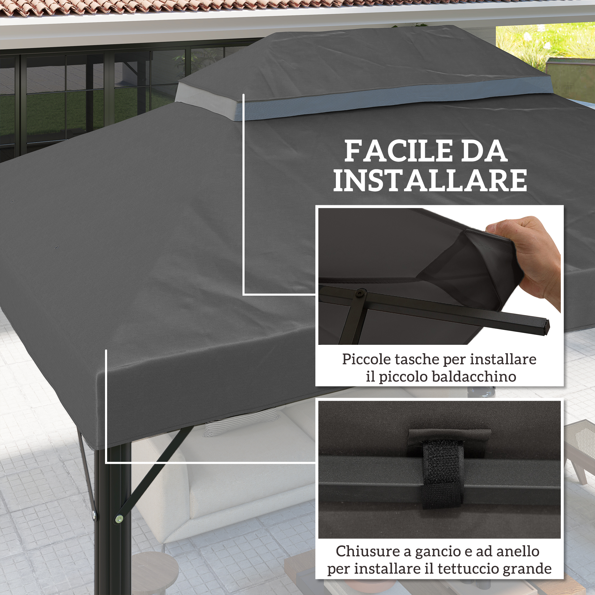 Copertura gazebo grigia con dettagli di montaggio, su un patio.