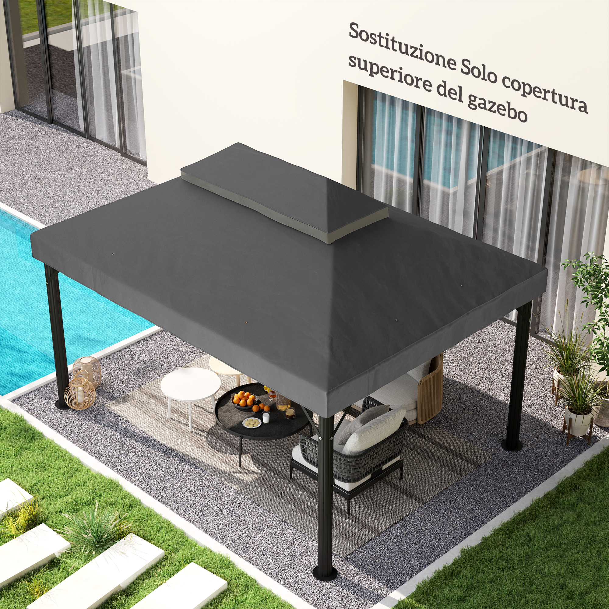 Gazebo grigio scuro con zona salotto vicino a piscina e prato.
