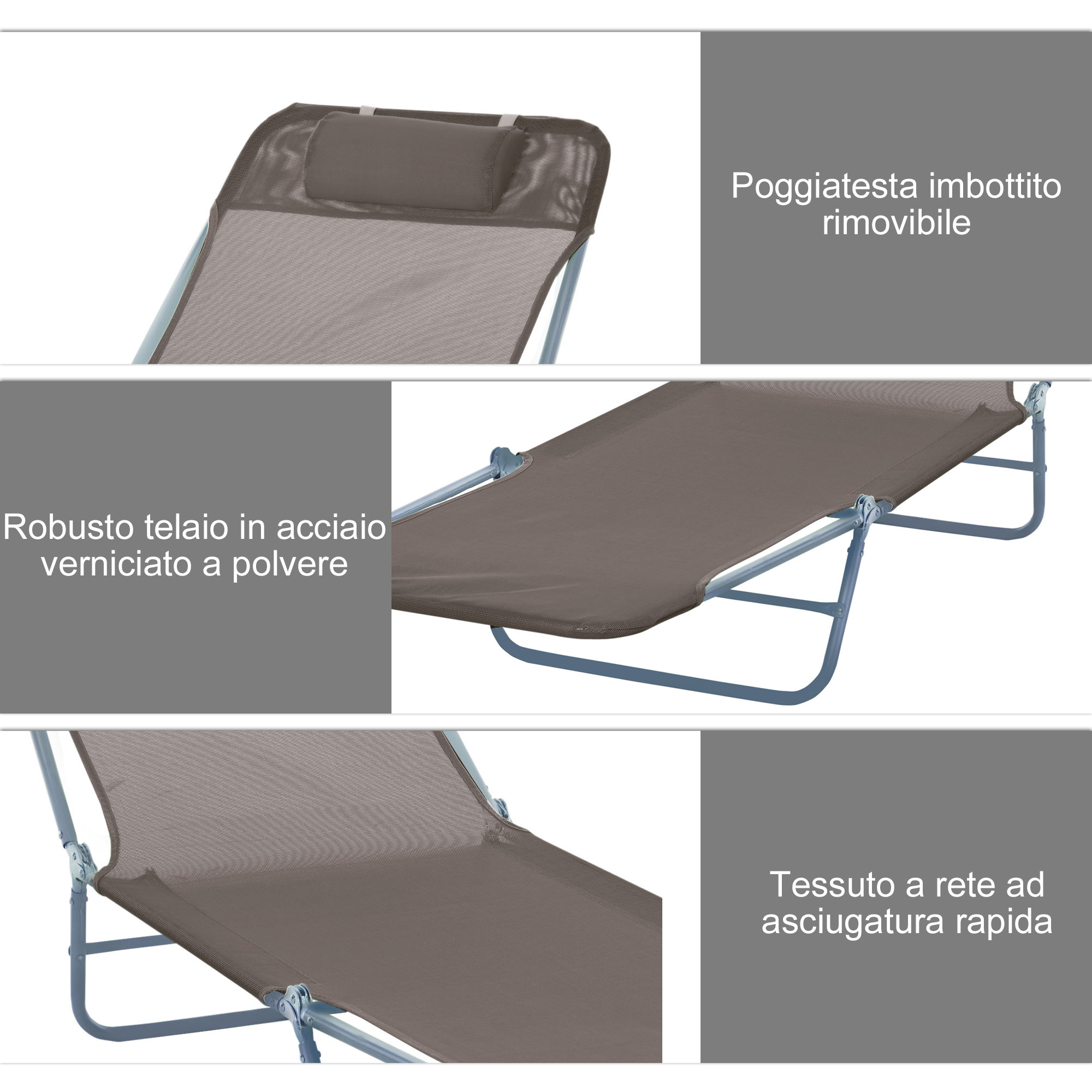 Lettino da spiaggia in rete marrone con cuscino rimovibile.