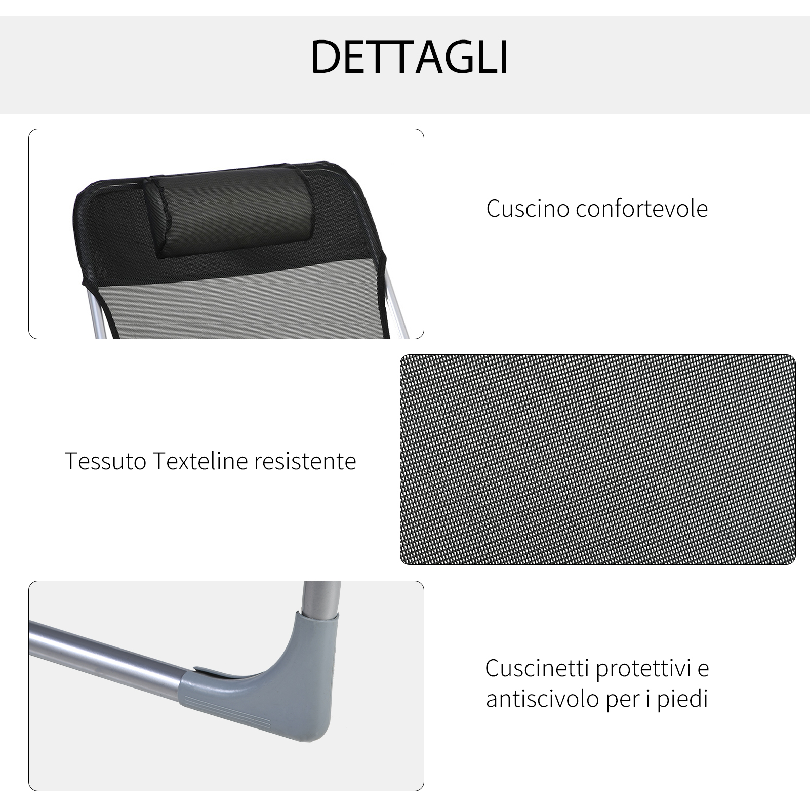 Dettagli di una sdraio: cuscino, tessuto Textilene, piedini protettivi.