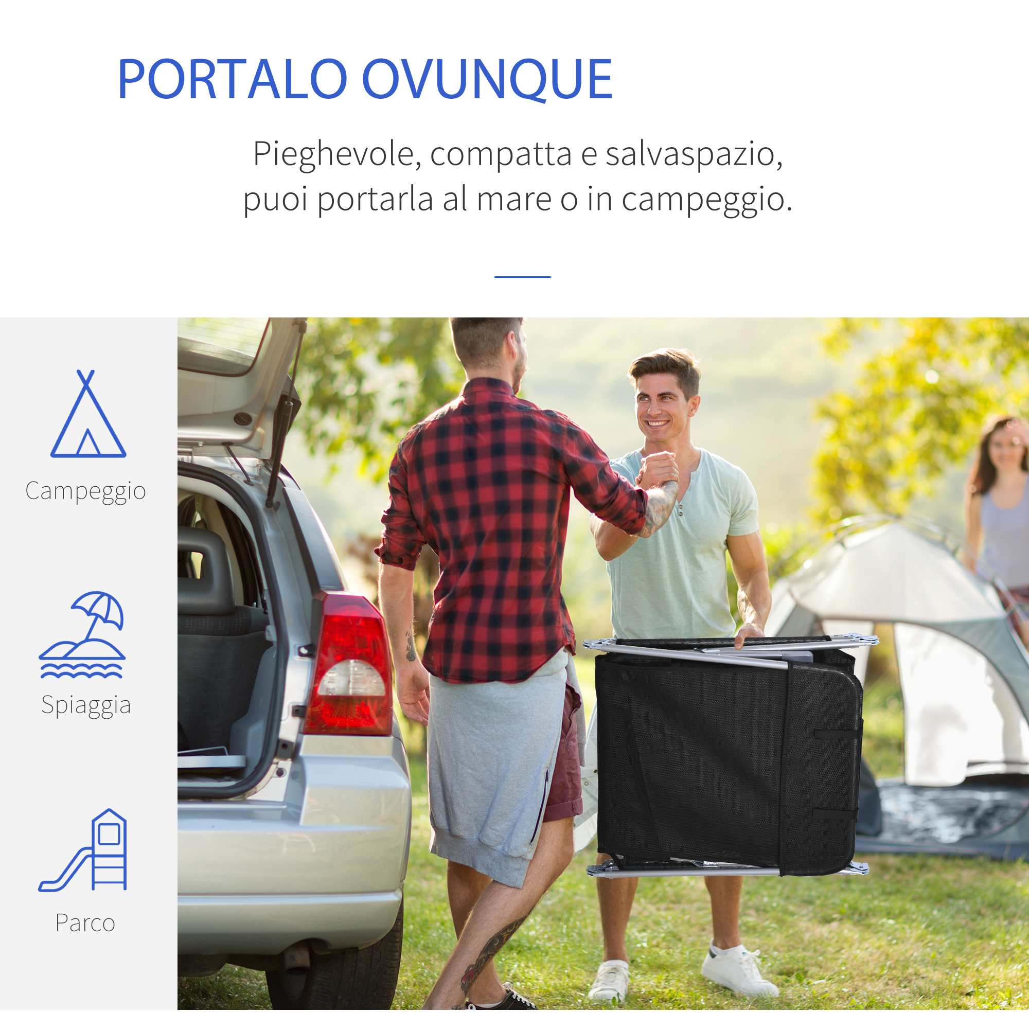Due uomini con una sedia pieghevole e una tenda sullo sfondo.