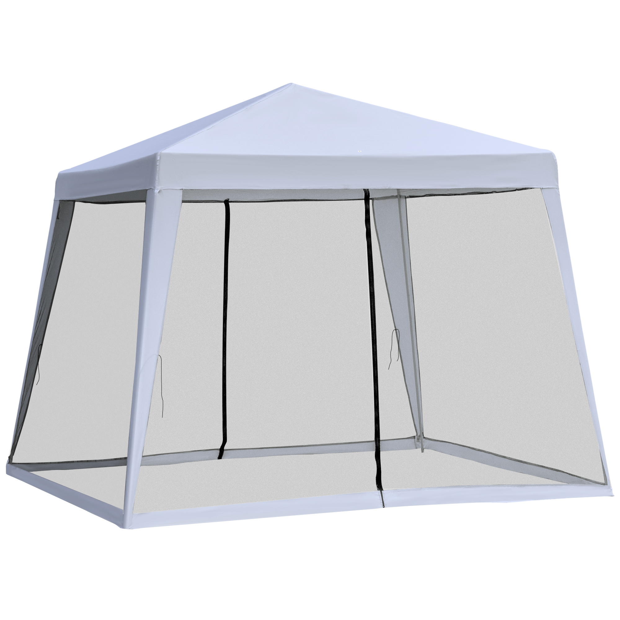 Una tenda bianca con zanzariere su tutti i lati e tetto spiovente.