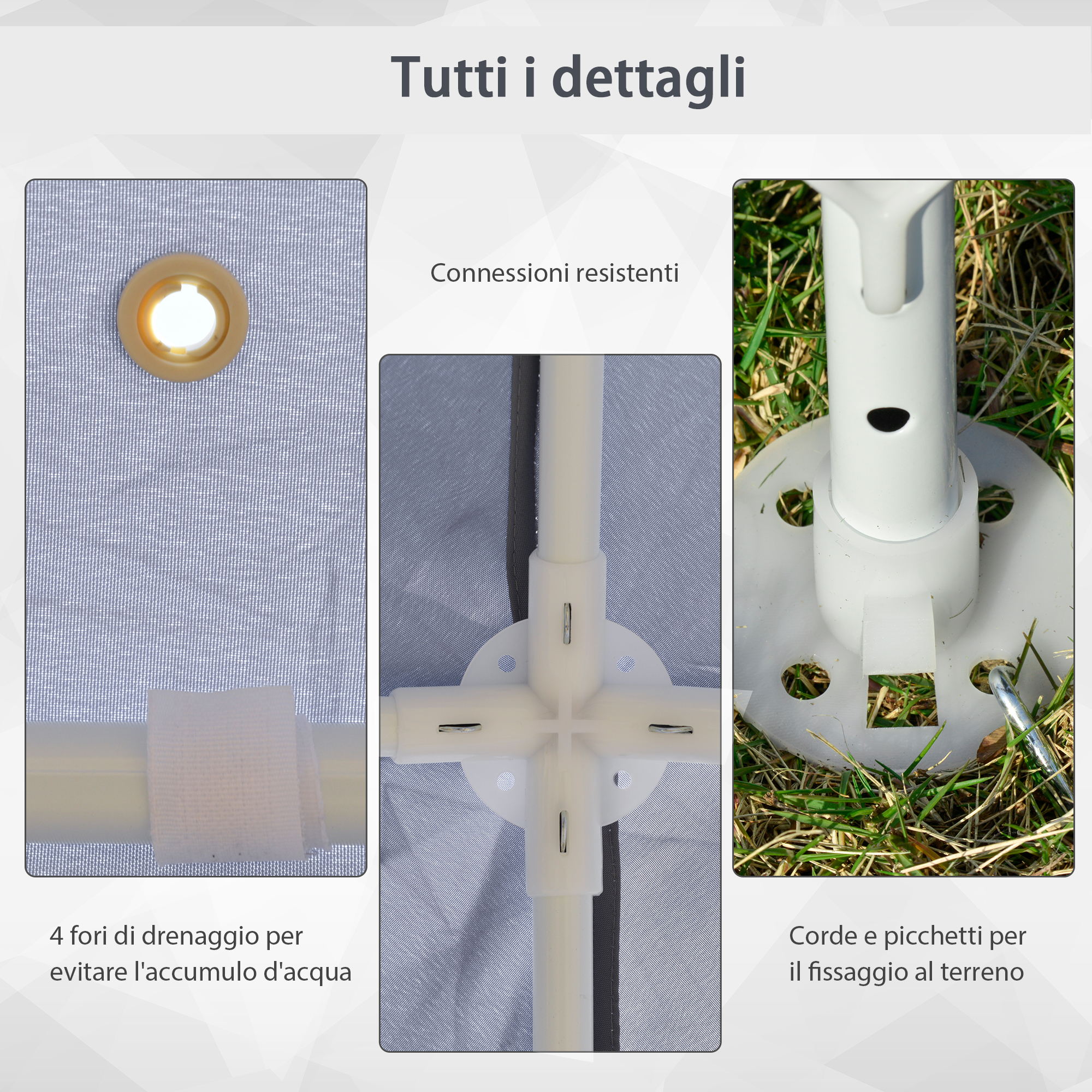 Dettagli: 4 fori di drenaggio, connessioni resistenti, corde e picchetti per fissaggio al terreno.