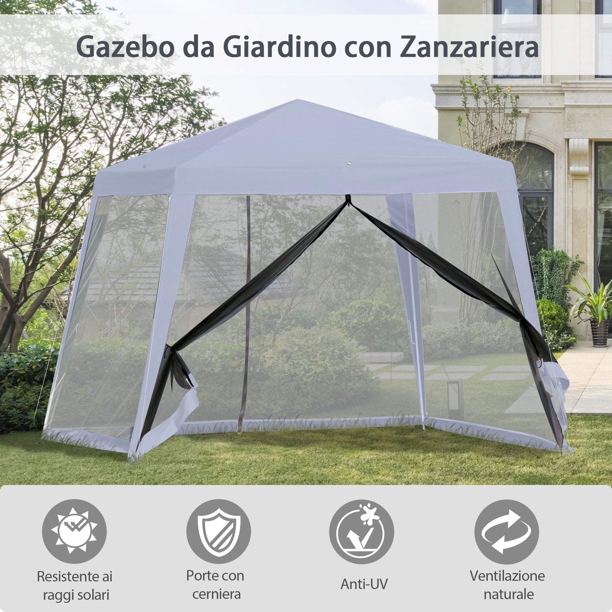 Un gazebo da giardino bianco con lati in rete si trova su un prato di fronte a una casa.