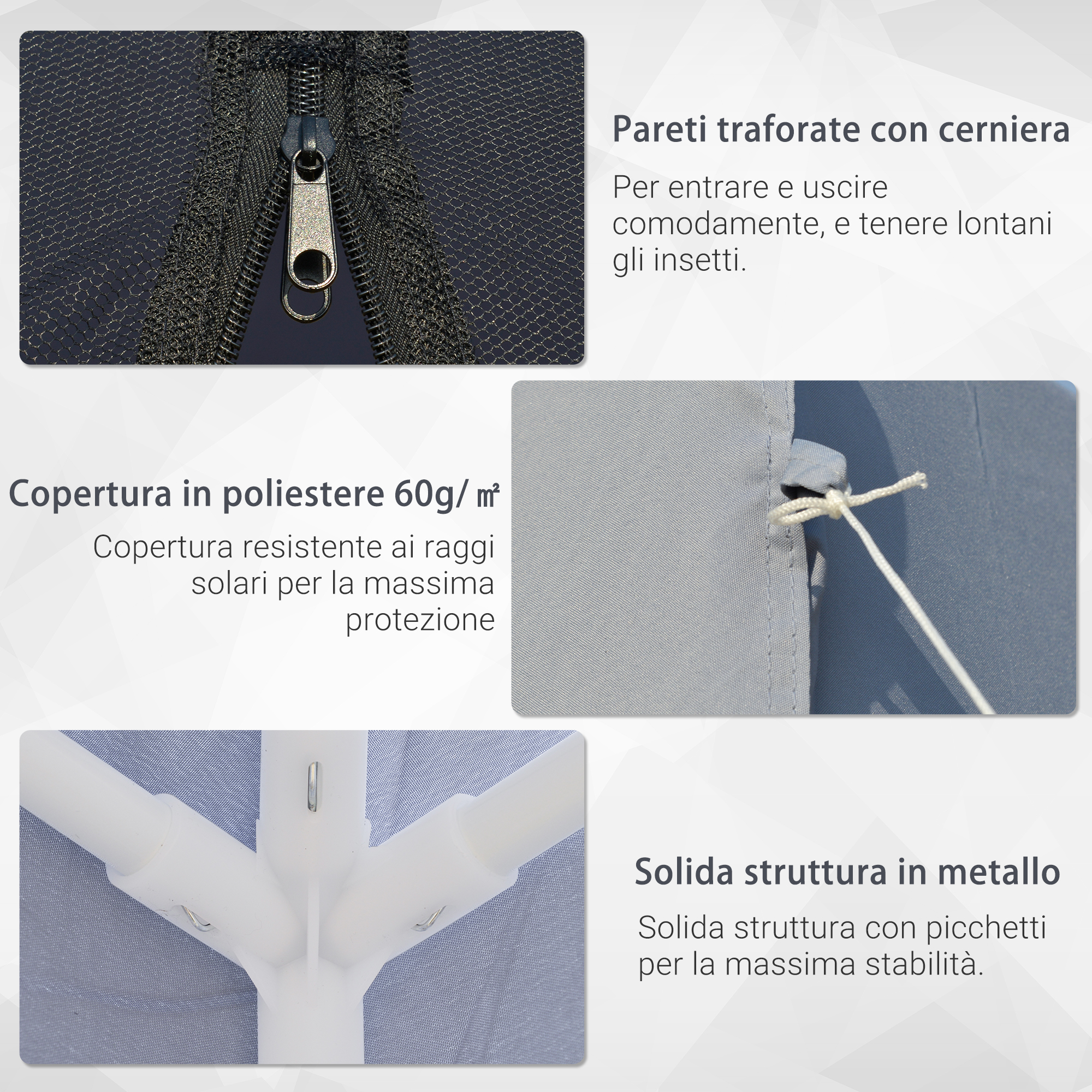 Pareti in rete con cerniera, copertura in poliestere e telaio in metallo.