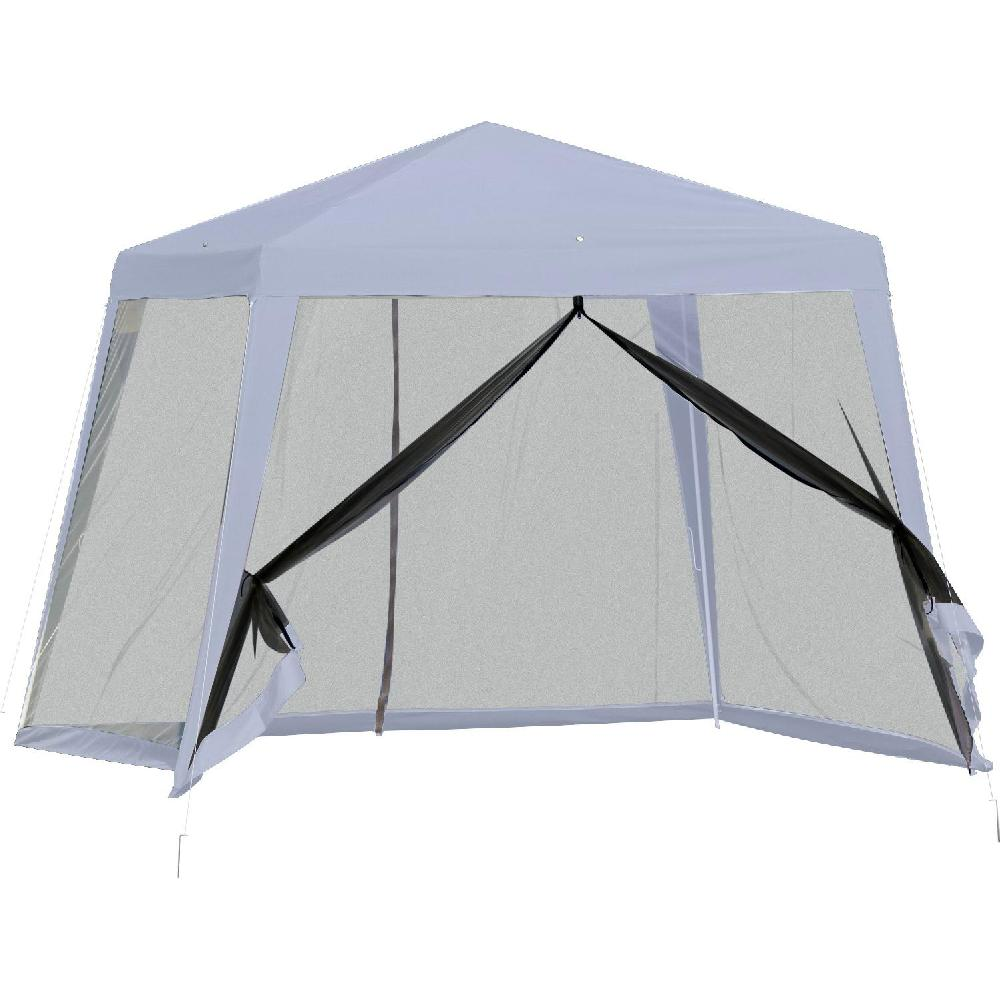 Un gazebo grigio chiaro con zanzariera e porte nere.