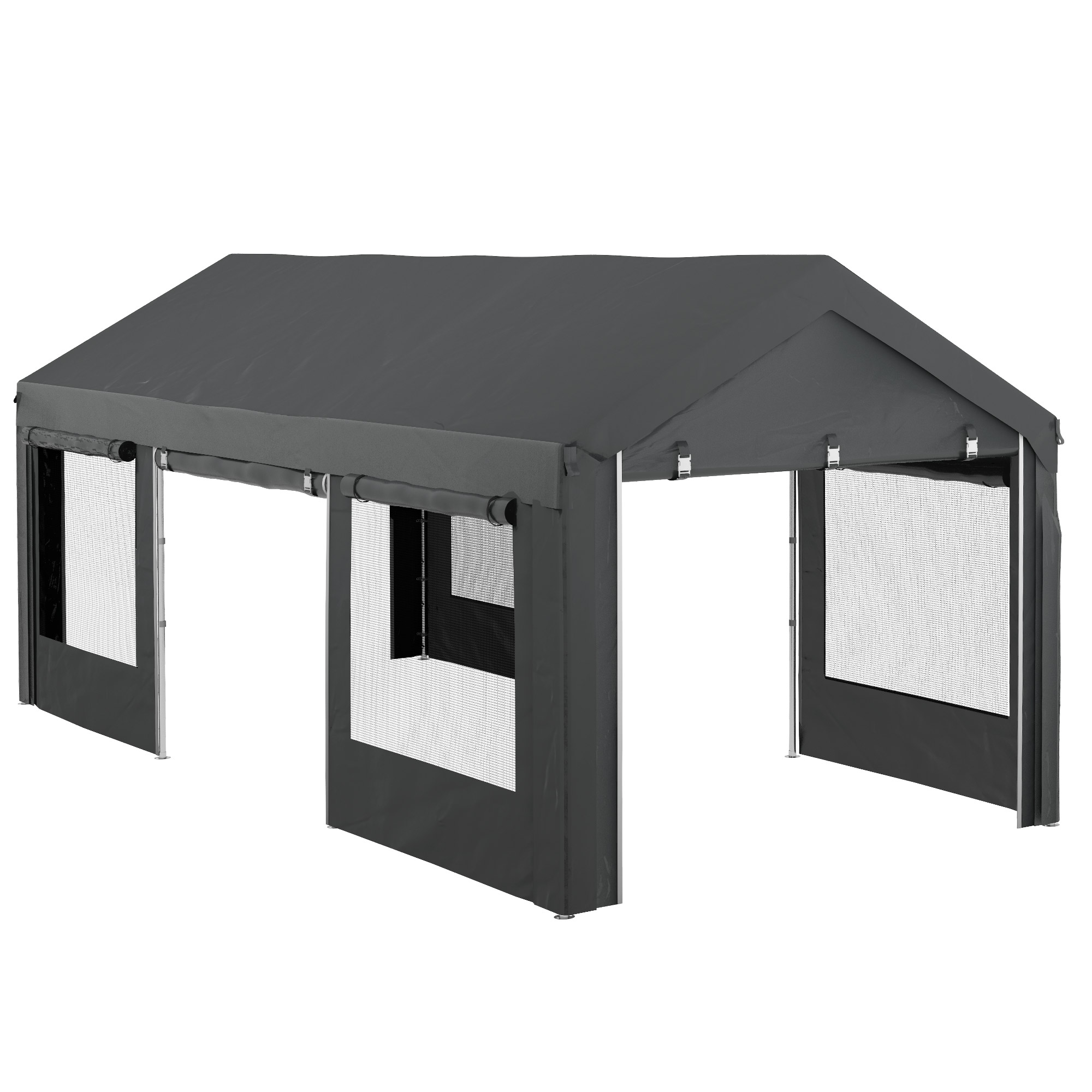 Una tenda a baldacchino rettangolare grigio scuro con finestre a rete e lati aperti.