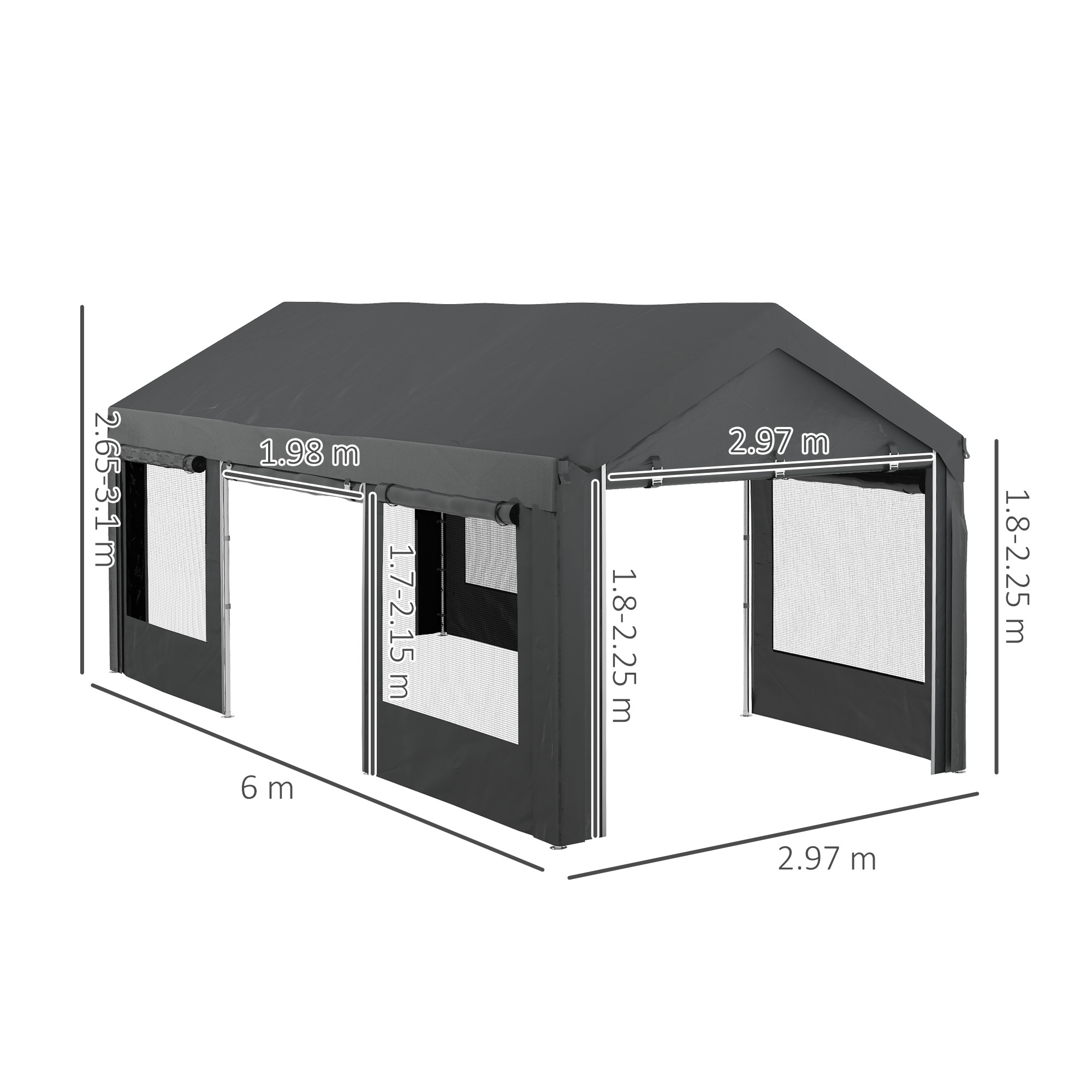 Tenda grigio scuro 6m x 2,97m. Finestre in rete e ingressi.