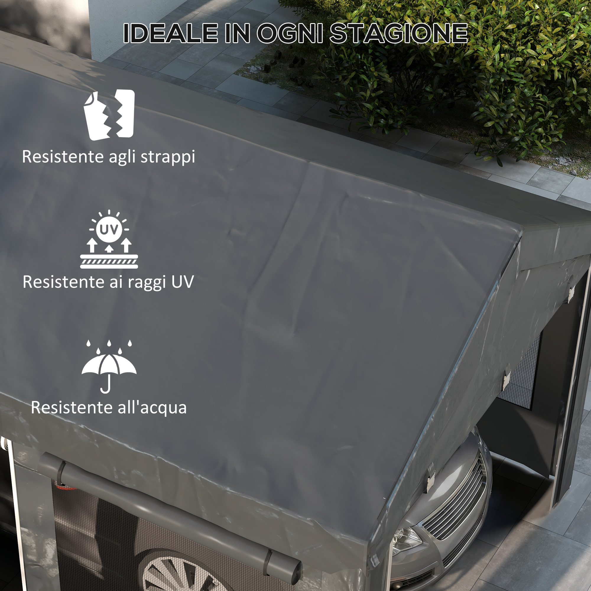 Box auto grigio con auto. Testo su resistenza strappi, raggi UV e all'acqua.