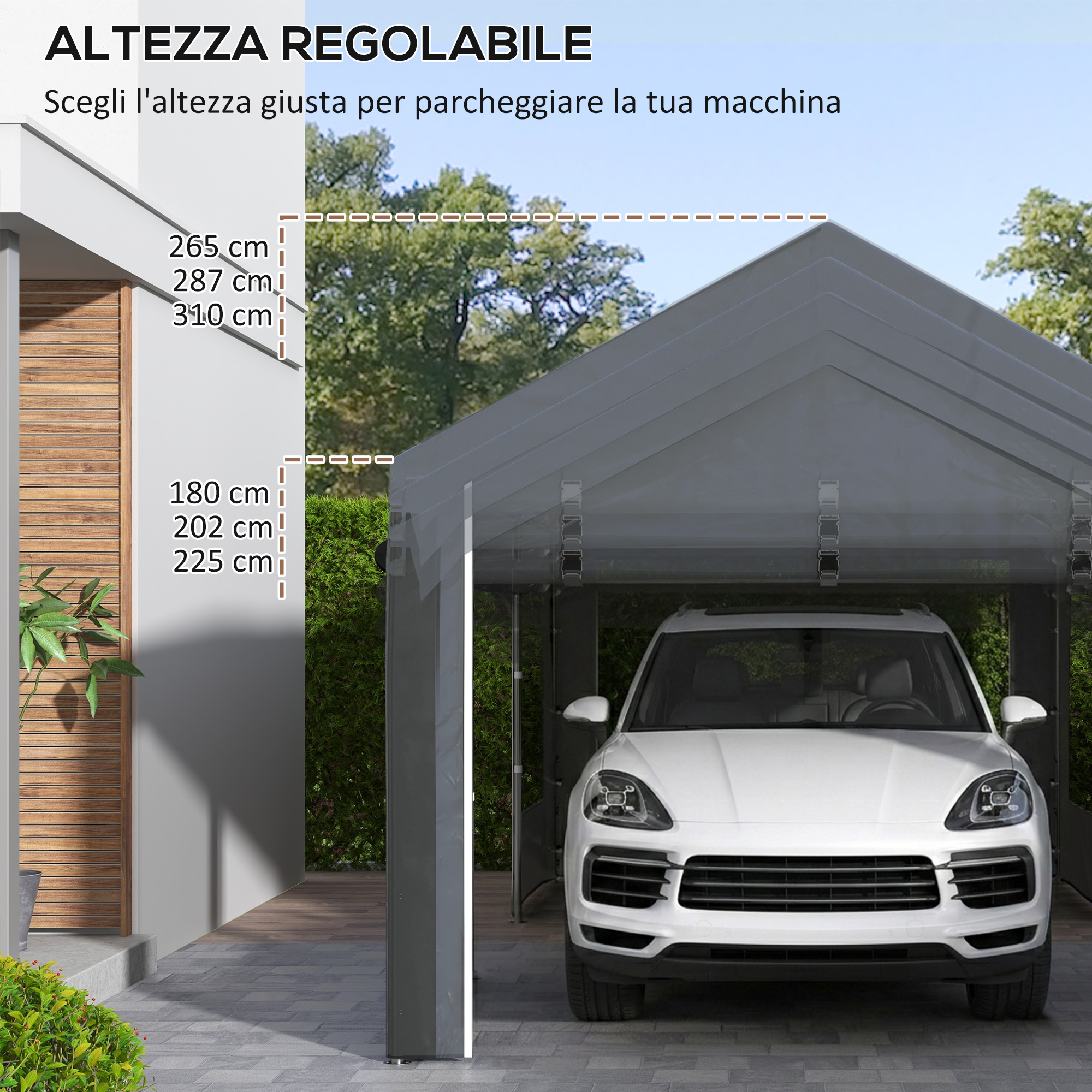 Un SUV bianco è parcheggiato sotto un carport grigio. Le misure di altezza sono a sinistra.