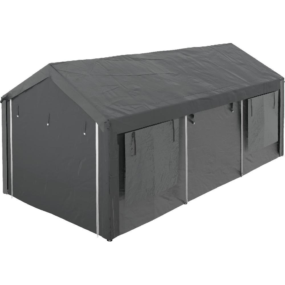 Tenda grigia con telaio bianco e finestre.