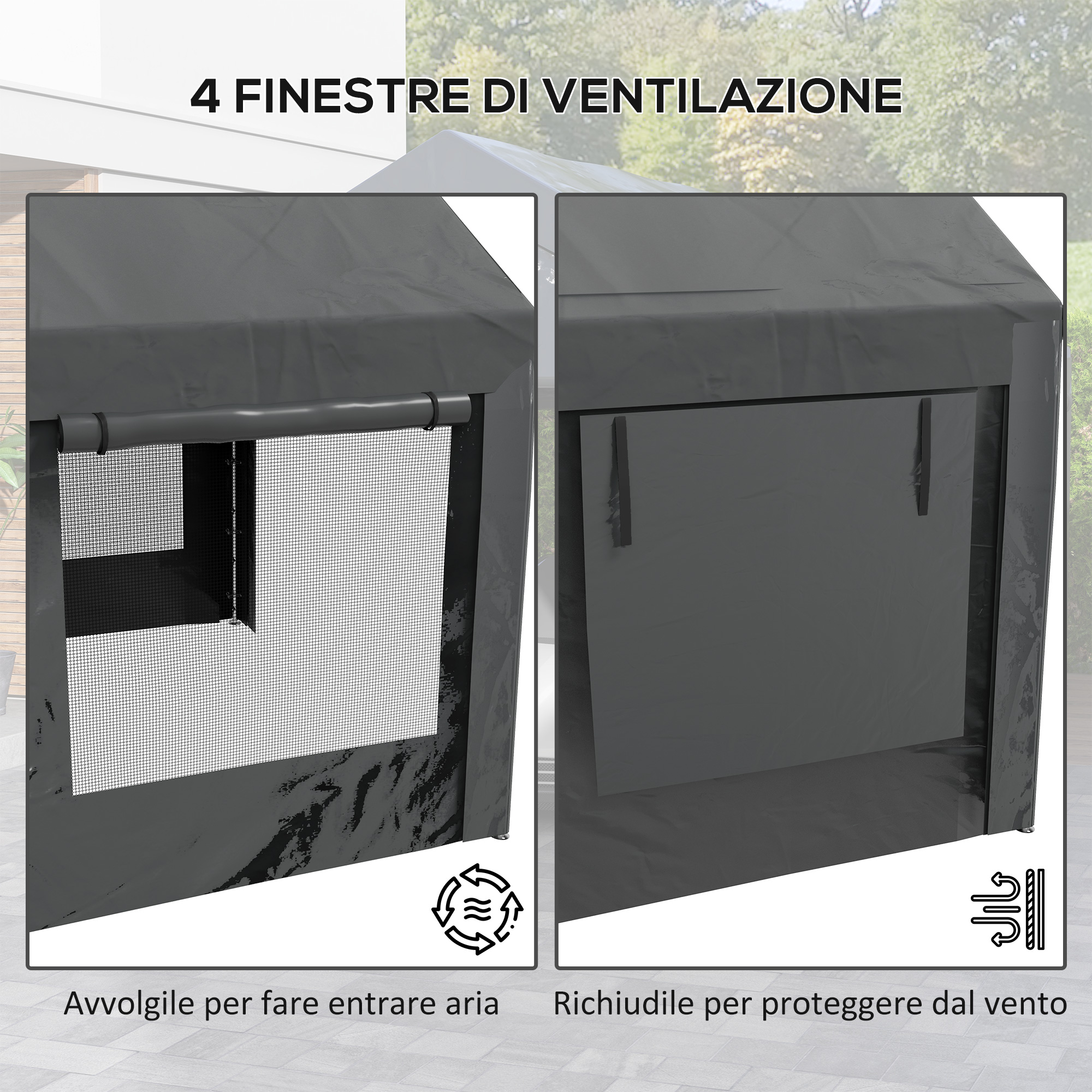 Tenda grigia con finestre in rete e aperture richiudibili.