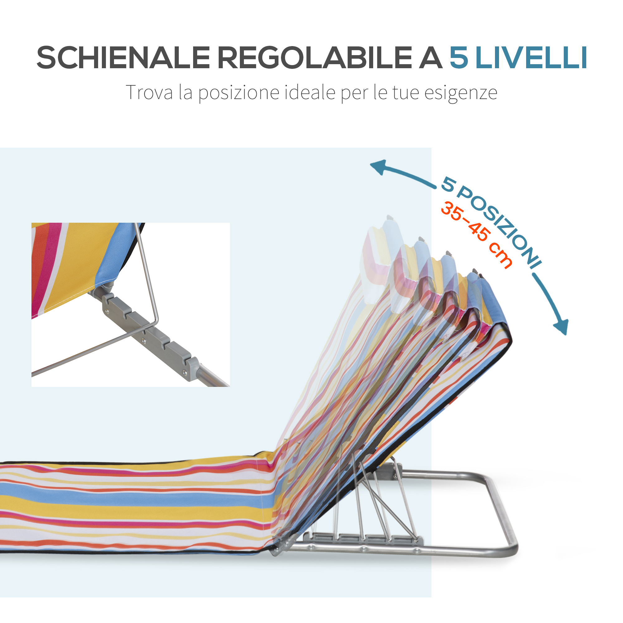 Schienale regolabile a 5 posizioni, tessuto a righe e telaio metallico.