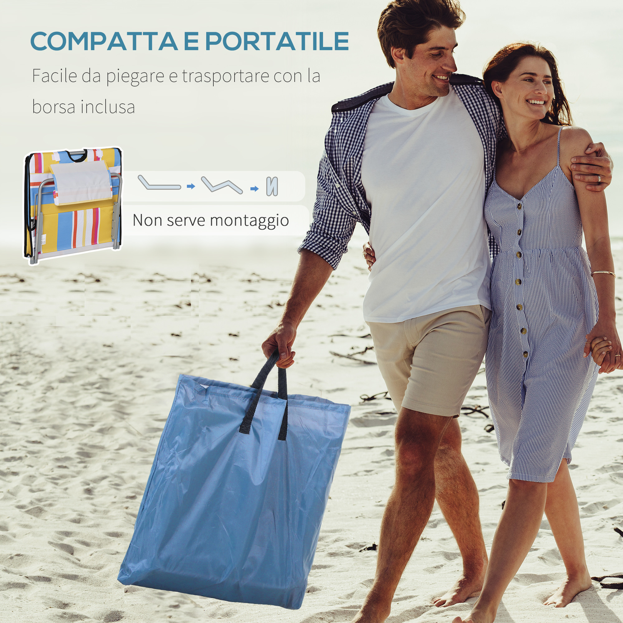 Un uomo e una donna camminano sulla spiaggia. L'uomo porta una borsa blu.