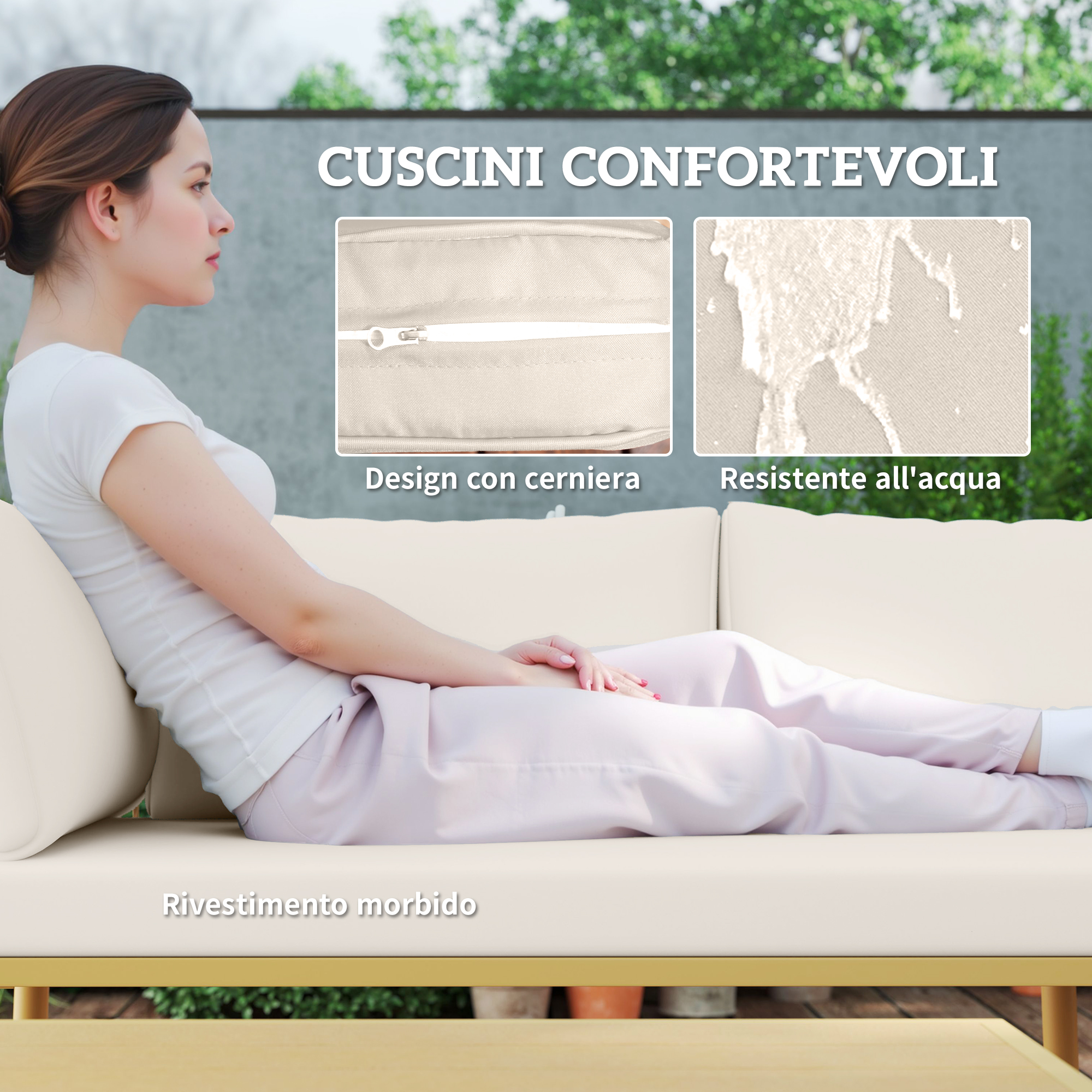 Donna su divano beige esterno, primi piani cerniera e resistenza all'acqua.