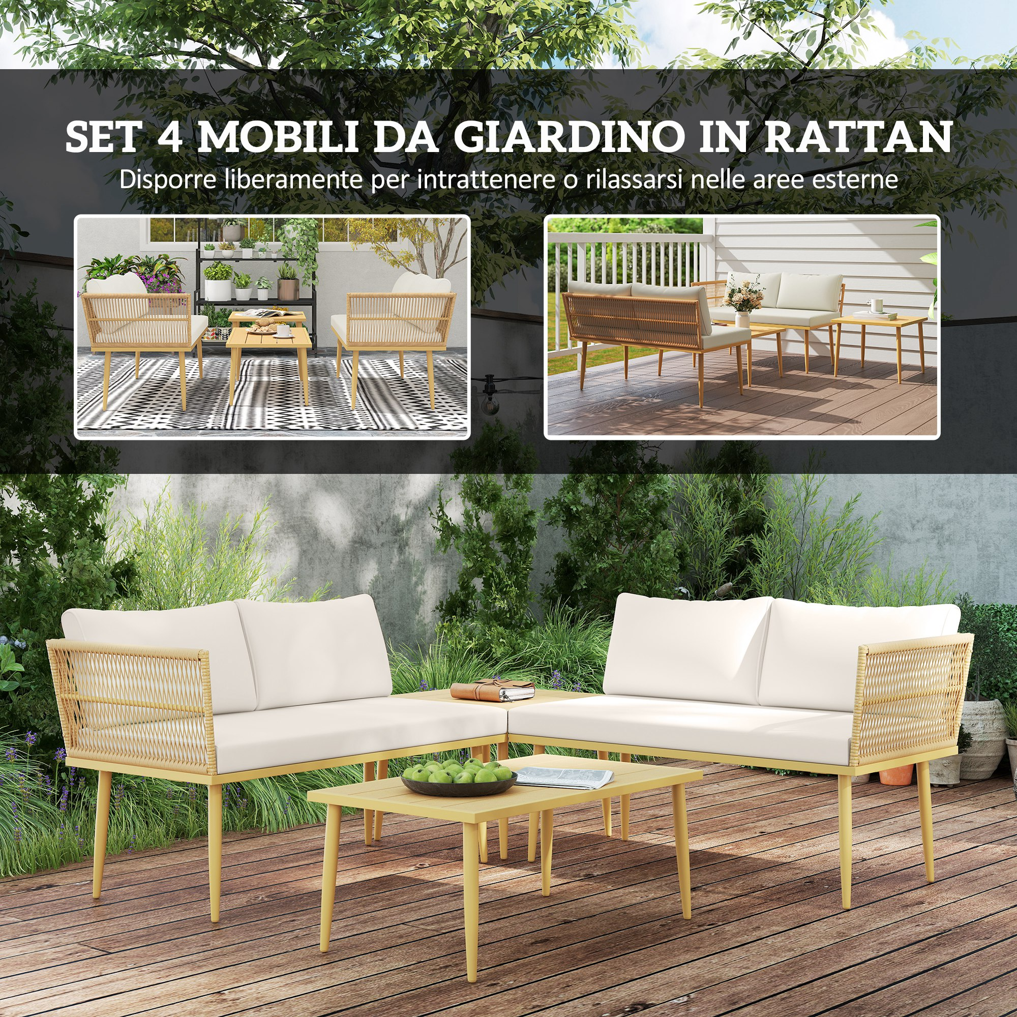 Set di mobili da giardino in rattan con cuscini color crema su un ponte di legno.