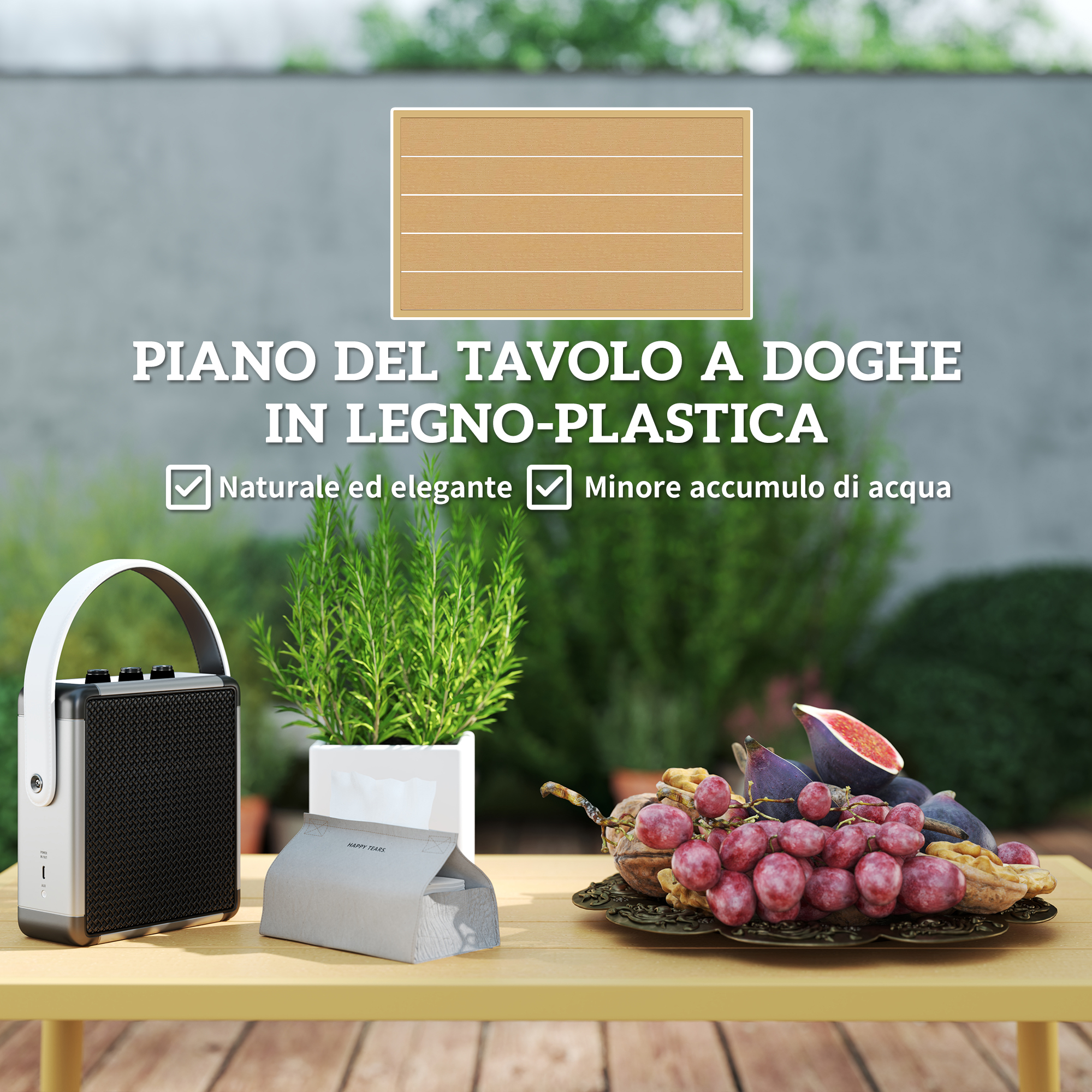 Piano tavolo a doghe in legno-plastica con uva, fichi, noci, altoparlante, erbe.