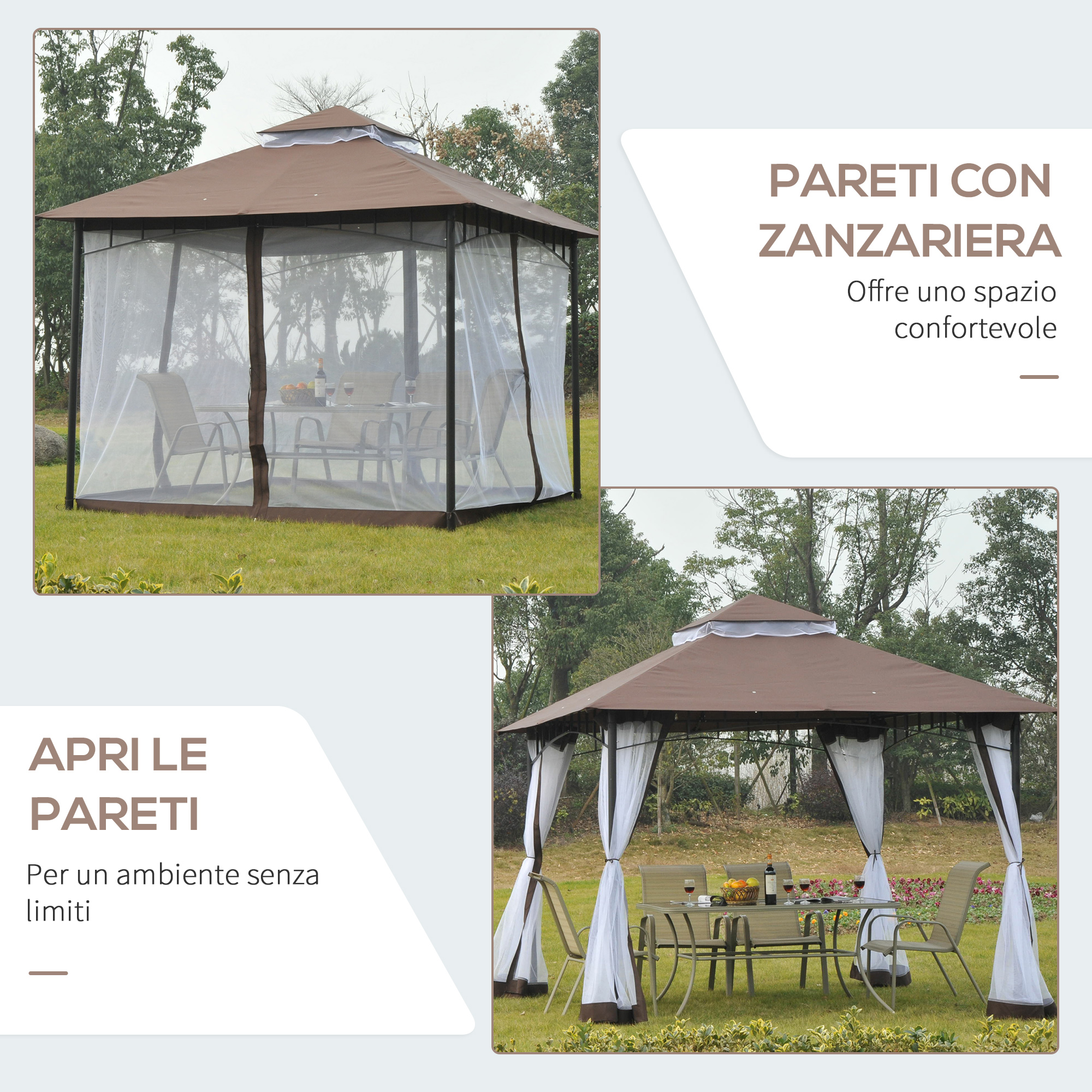 Gazebo con zanzariera e tavolo con sedie.