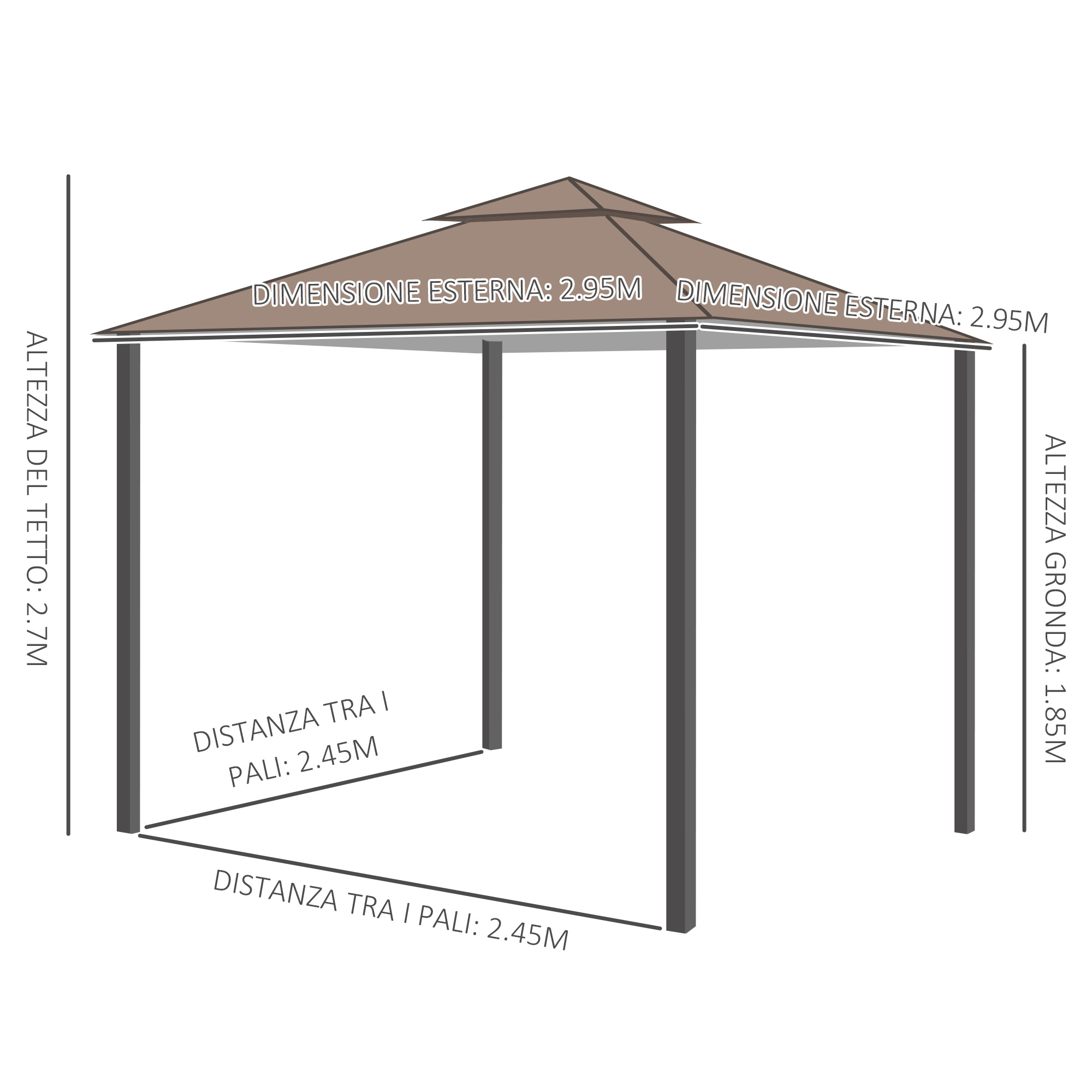 Un gazebo con dimensioni esterne 2,95 m e altezza tetto 2,7 m.
