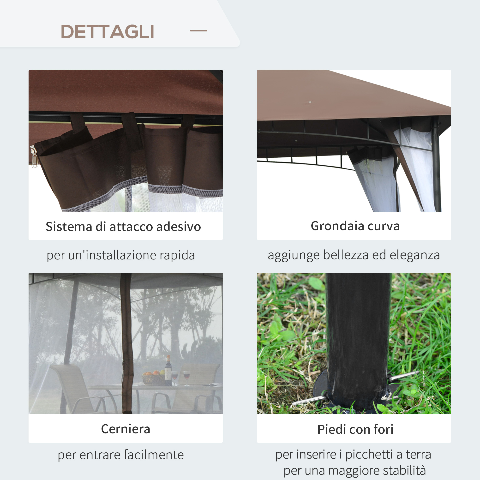 Sistema di attacco adesivo, Grondaia curva, Cerniera, Piedi con fori.