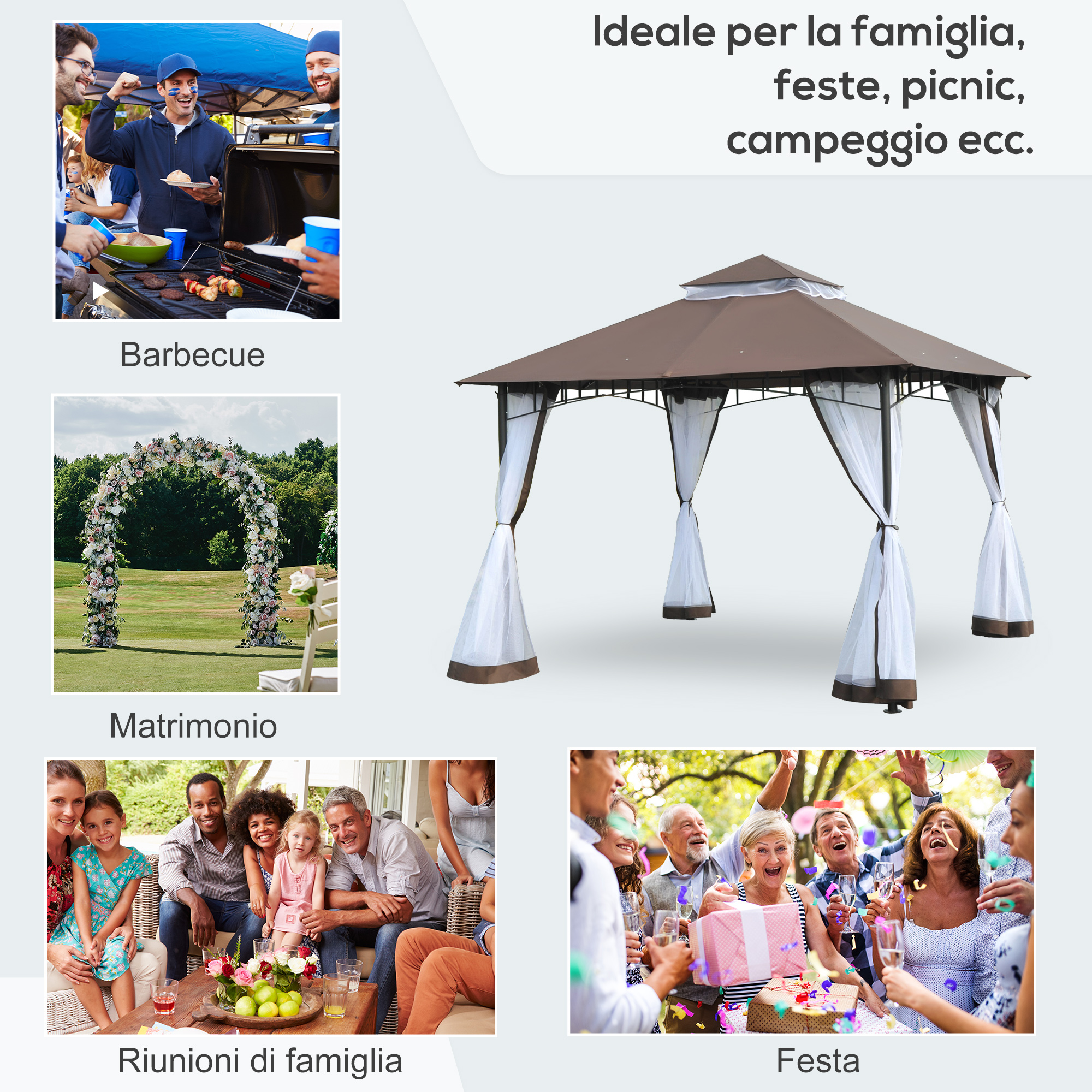 Uomini grigliano carne sotto una tenda blu. Riunione familiare, matrimonio, barbecue, festa.