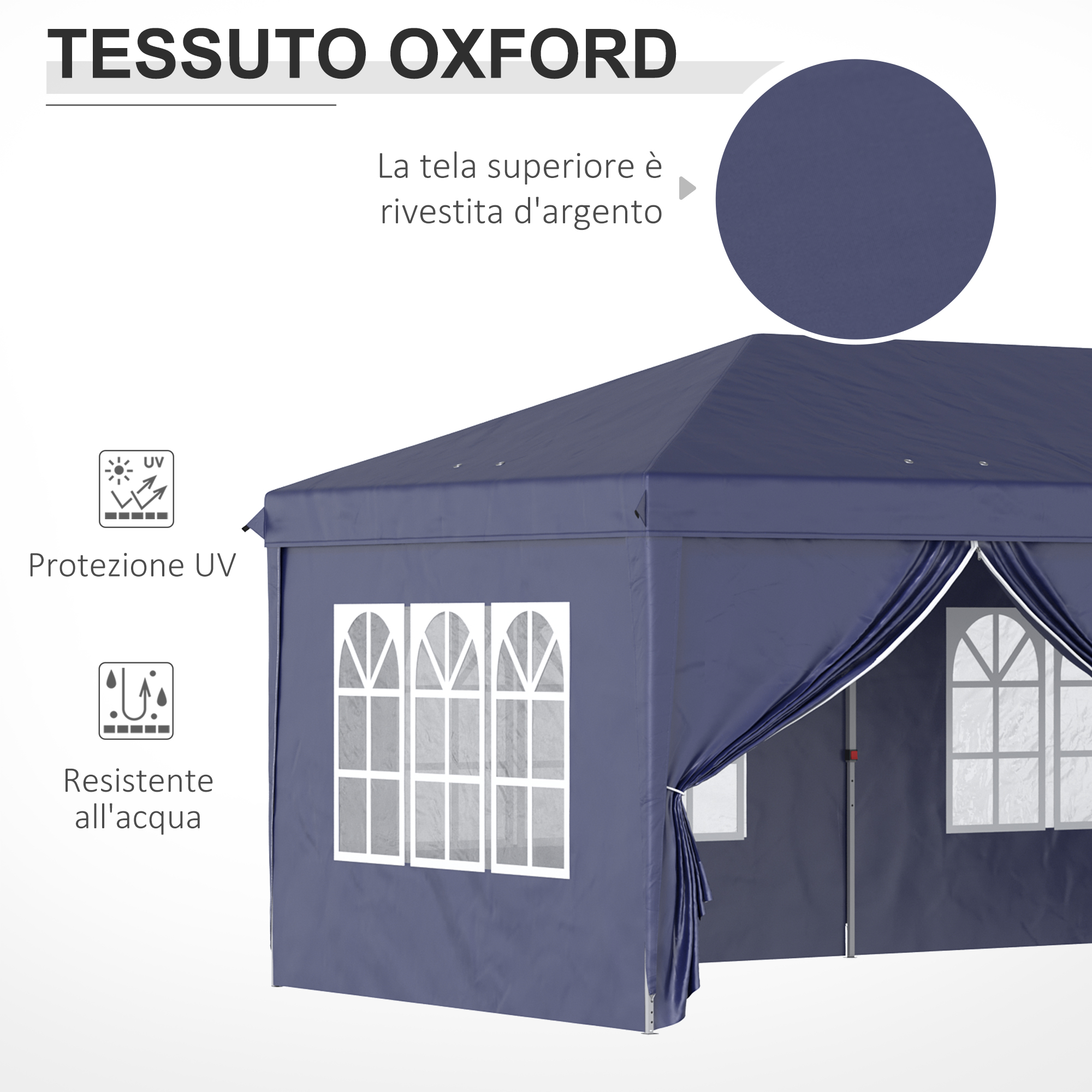 Tenda blu navy con finestre, protezione UV e acqua. Tessuto superiore argentato.