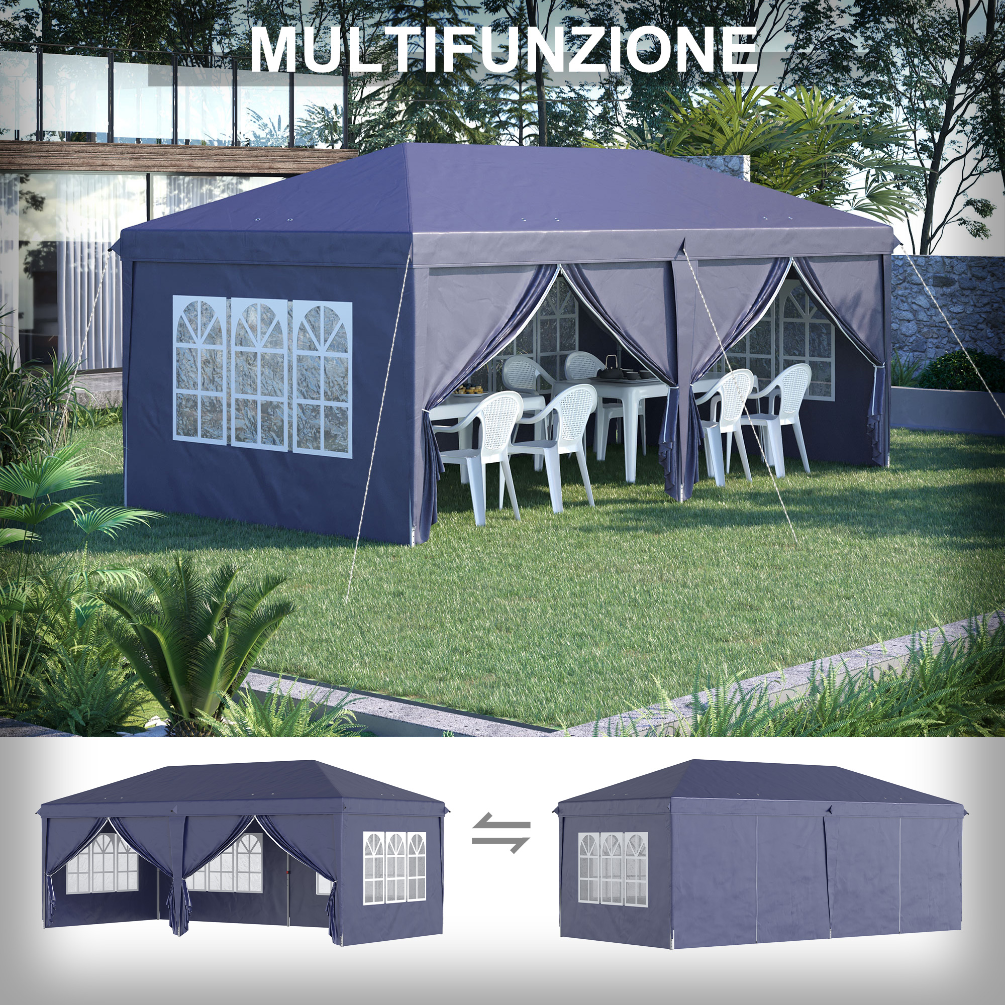 Una tenda blu scuro con finestre e tavolo con sedie in un giardino.