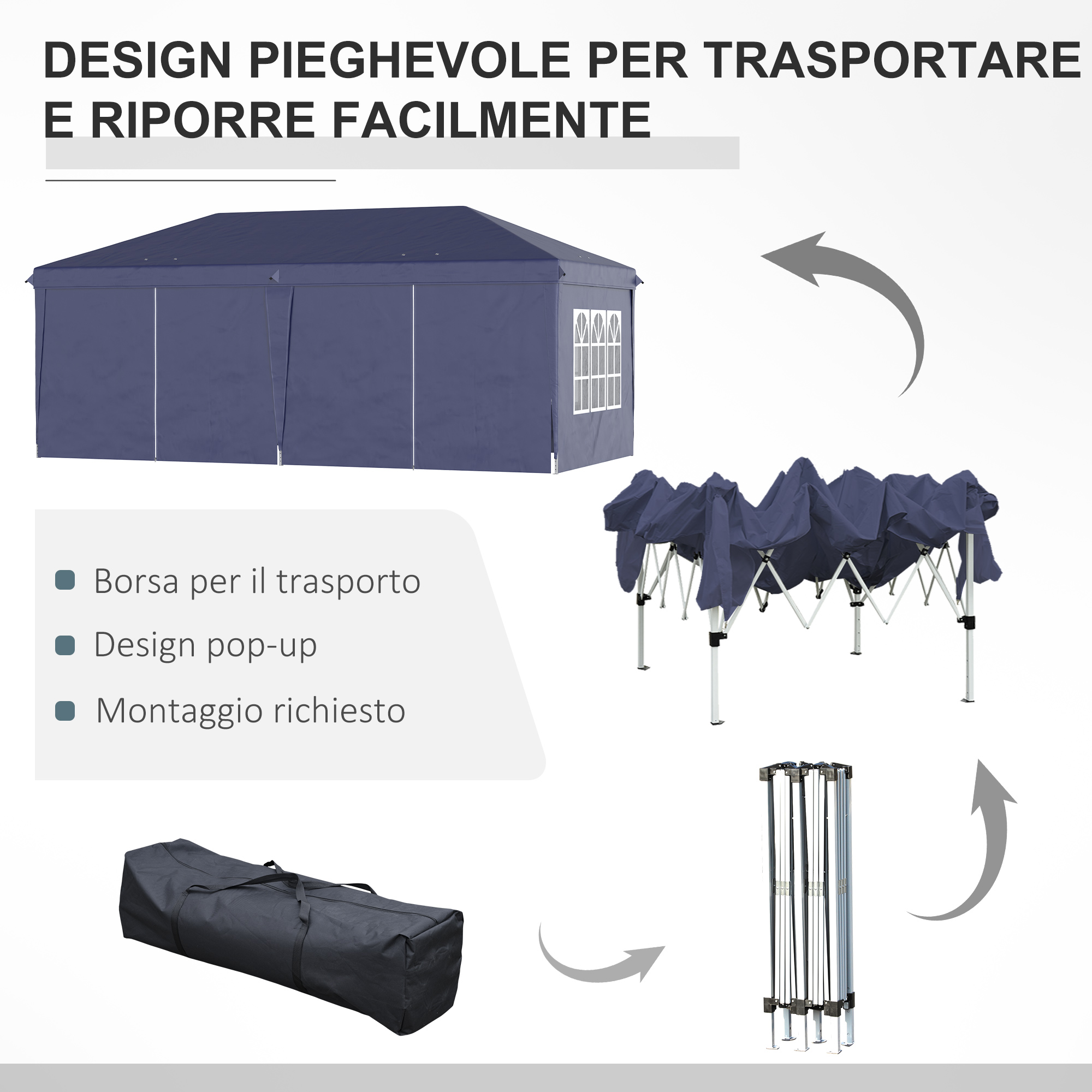 Una tenda blu con finestre, una borsa per il trasporto e una struttura per tenda piegata.