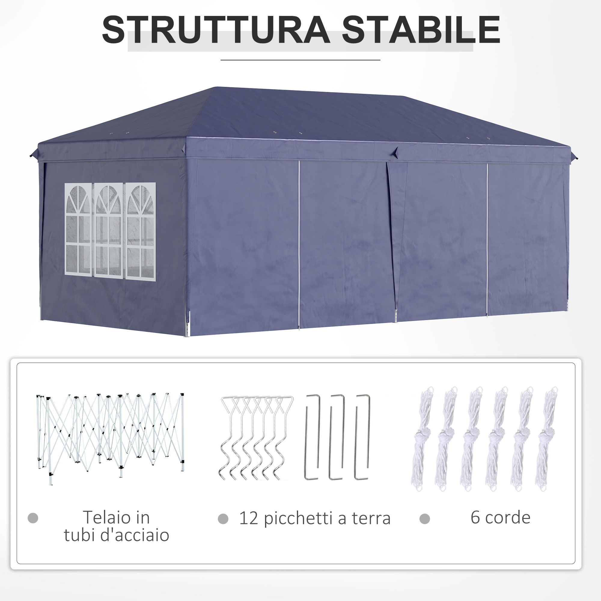 Una struttura a tenda blu con finestre e accessori sotto come pali metallici, picchetti e corde.