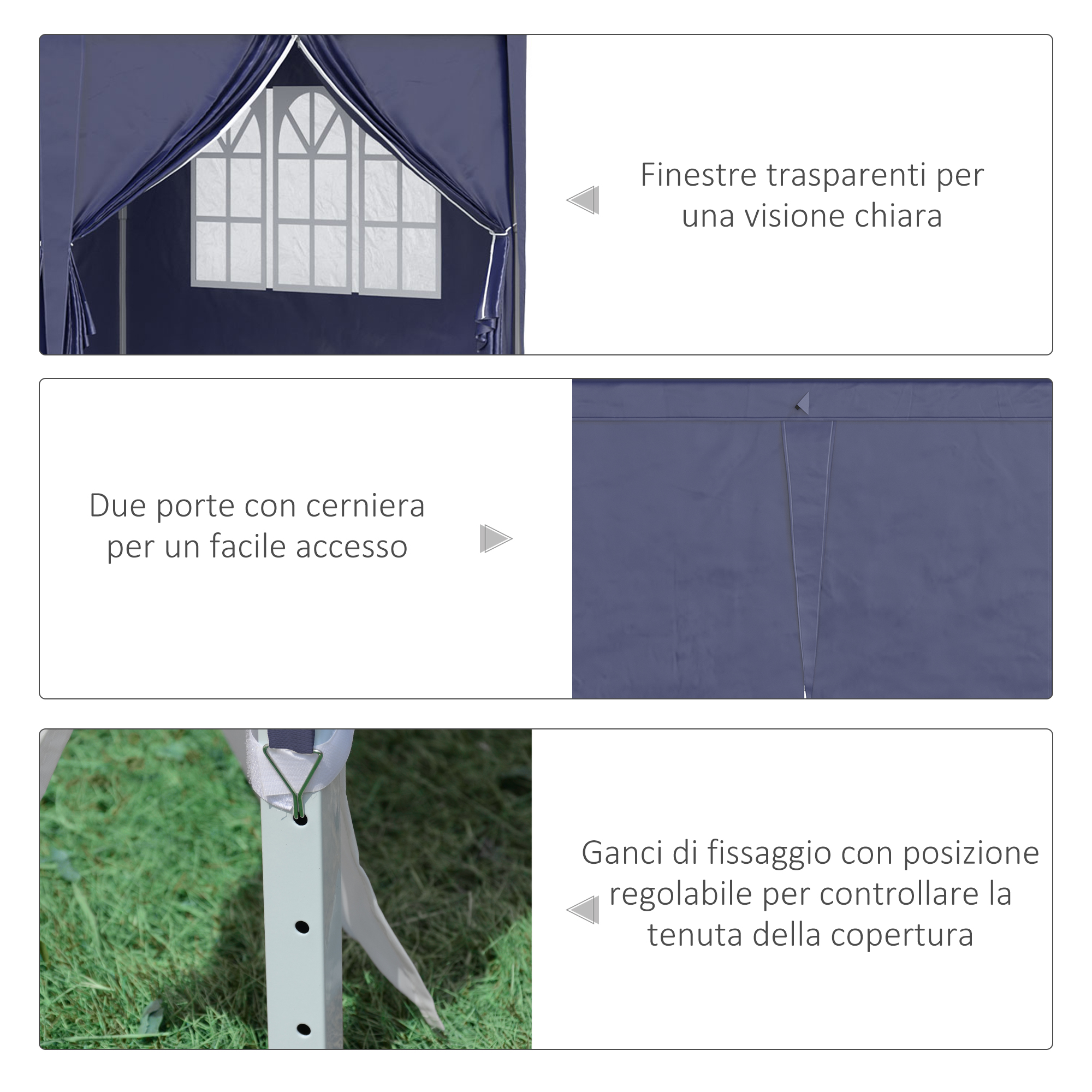 Tenda blu scuro con finestre, porte e ganci di fissaggio.