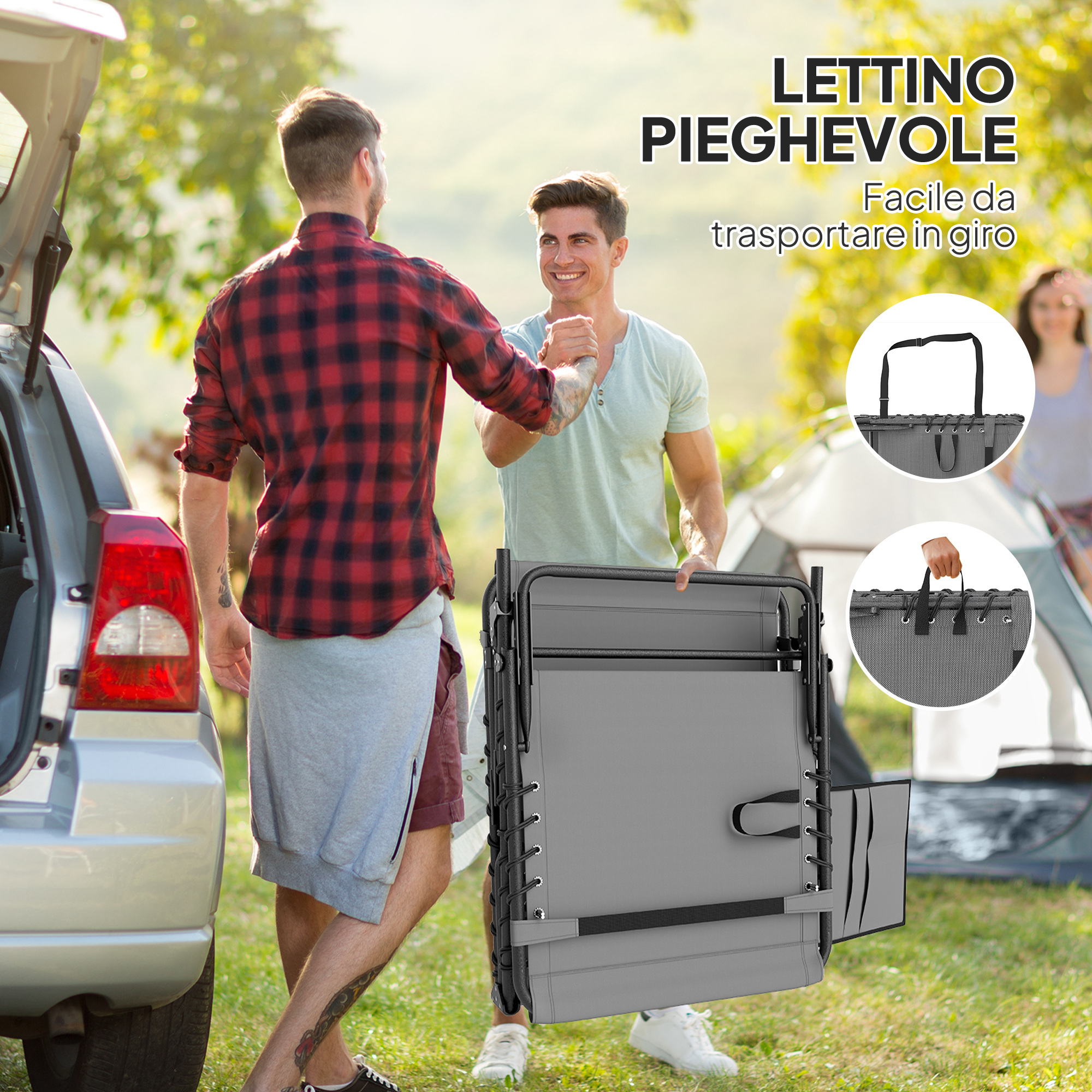 Due uomini si stringono la mano vicino a un'auto e una tenda. Viene mostrato un lettino pieghevole grigio.
