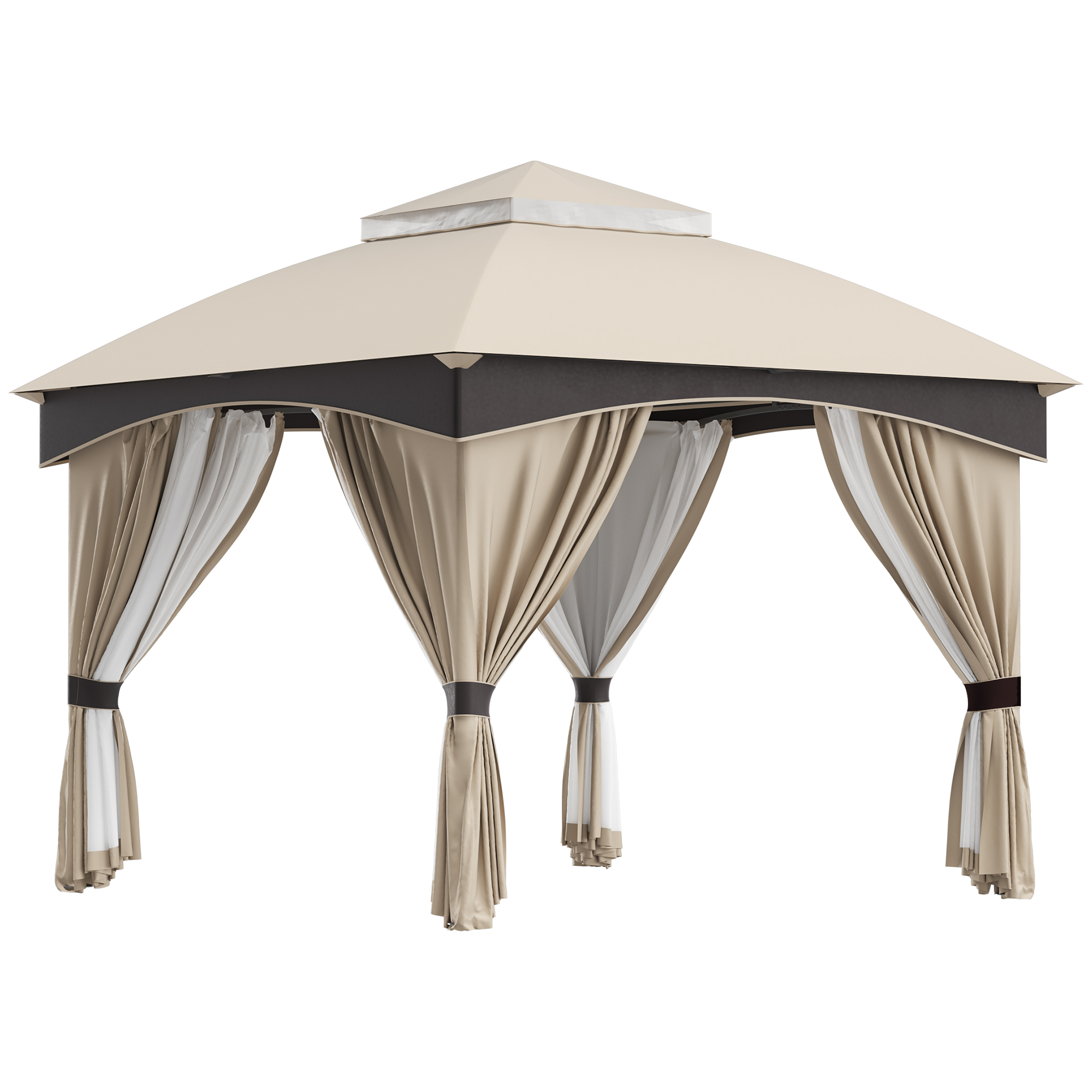 Una pergola color tortora con tetto scuro e tende.