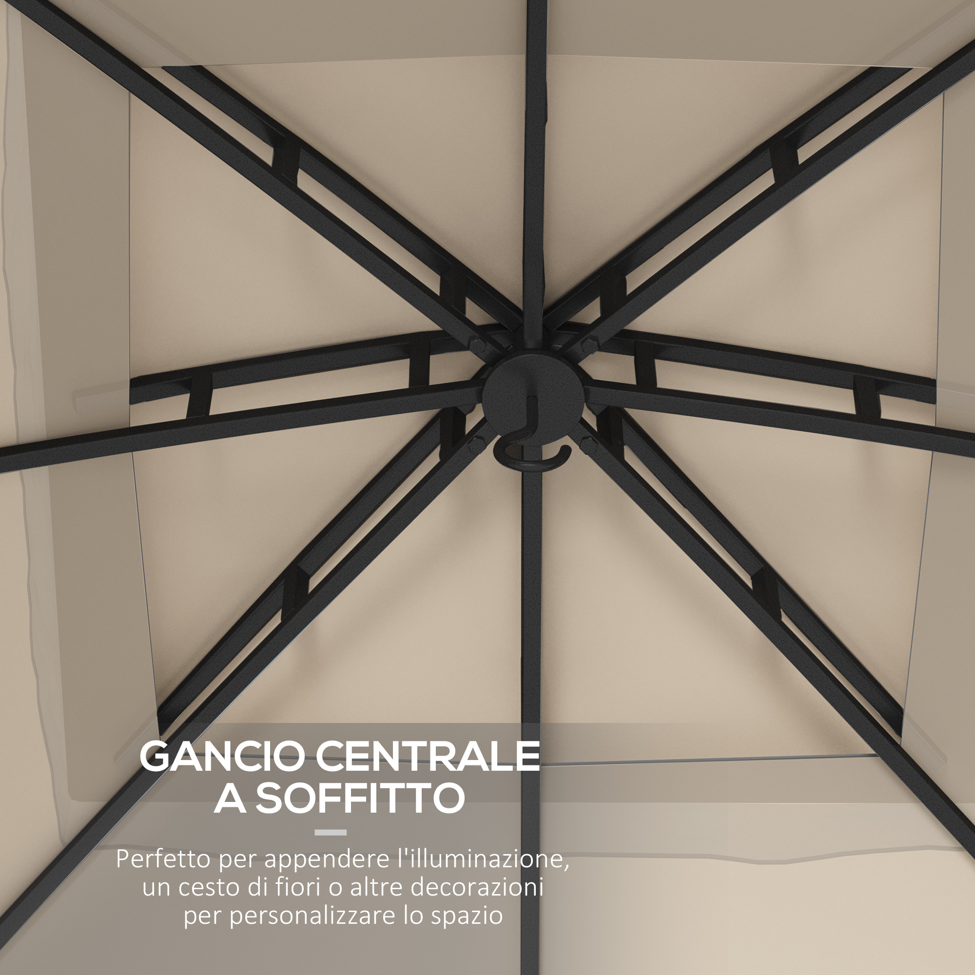 Gancio centrale a soffitto per luci o decorazioni.