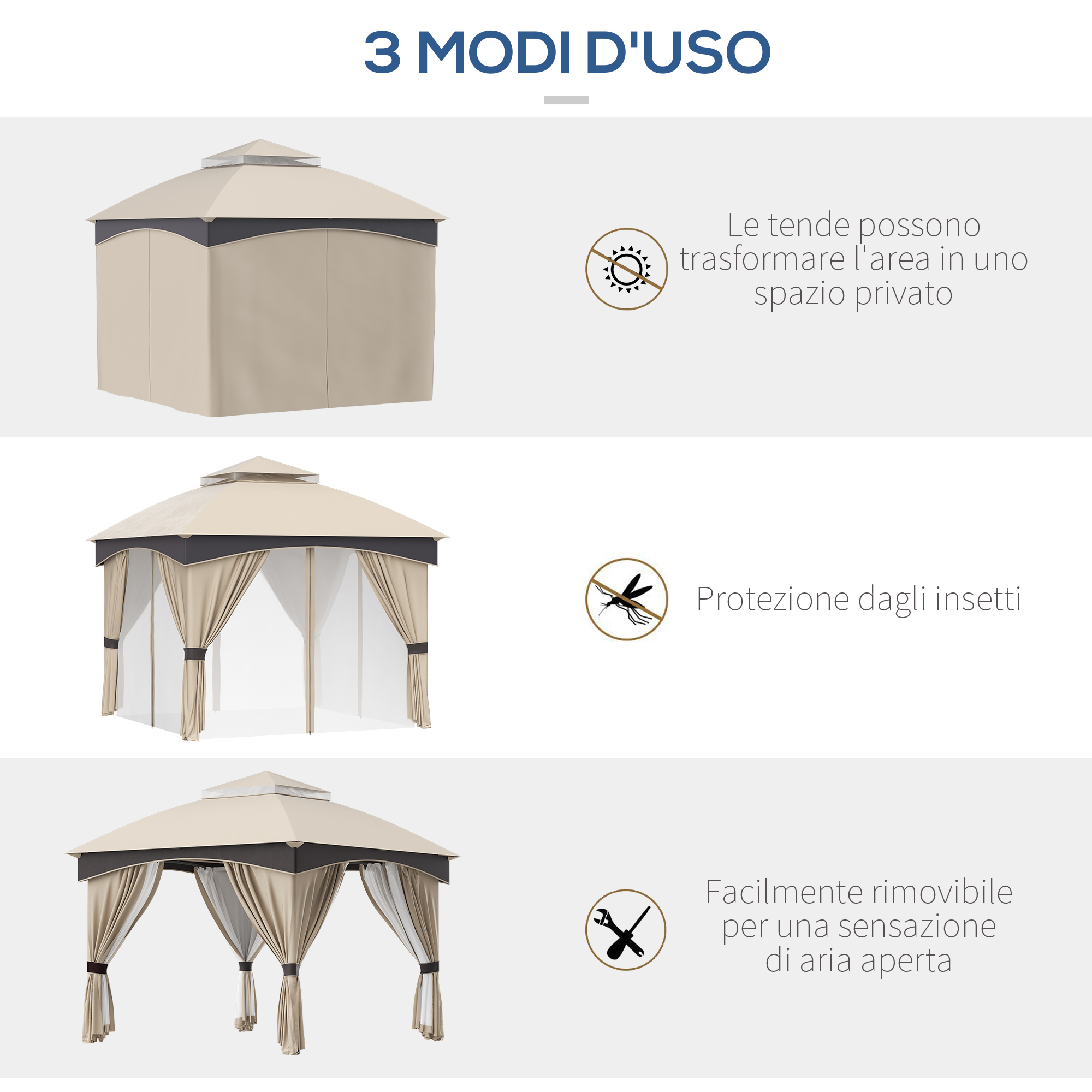 Un gazebo con tre modalità: privato, anti-insetto e all'aria aperta.
