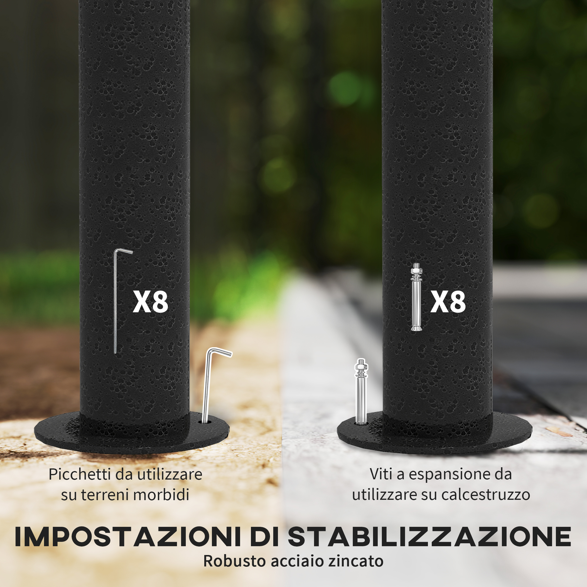 Due pali neri mostrano opzioni di fissaggio: picchetti per terreno morbido, tasselli per cemento.
