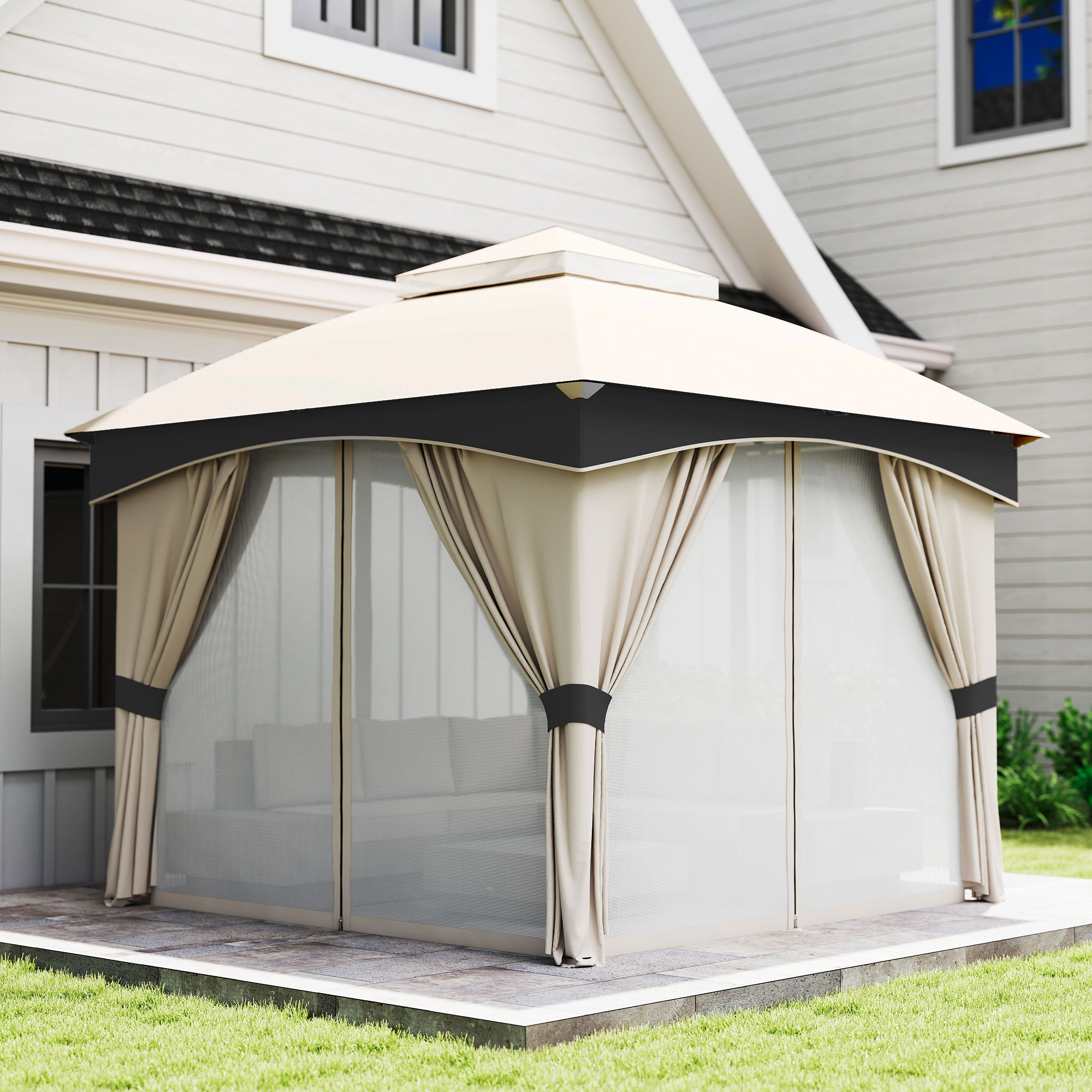 Una gazebo beige con zanzariere e tende davanti a una casa.