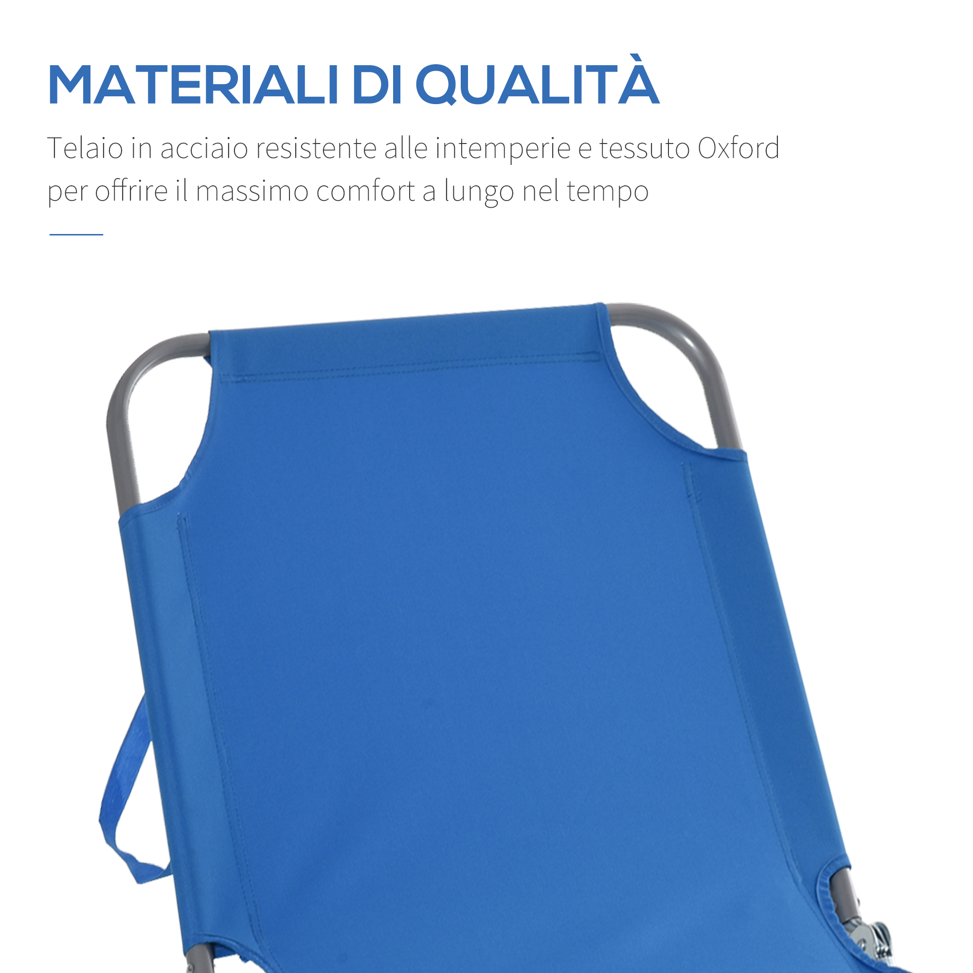 Tessuto blu di una sdraio con telaio in metallo grigio.