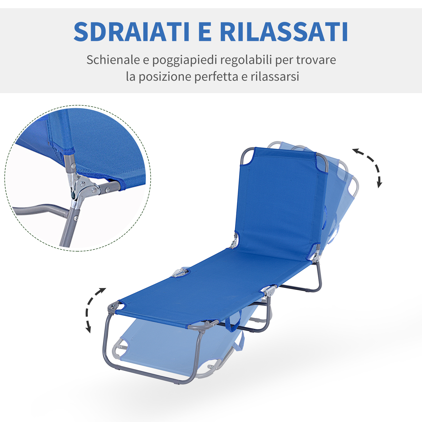 Sdraio blu con schienale e poggiapiedi regolabili.
