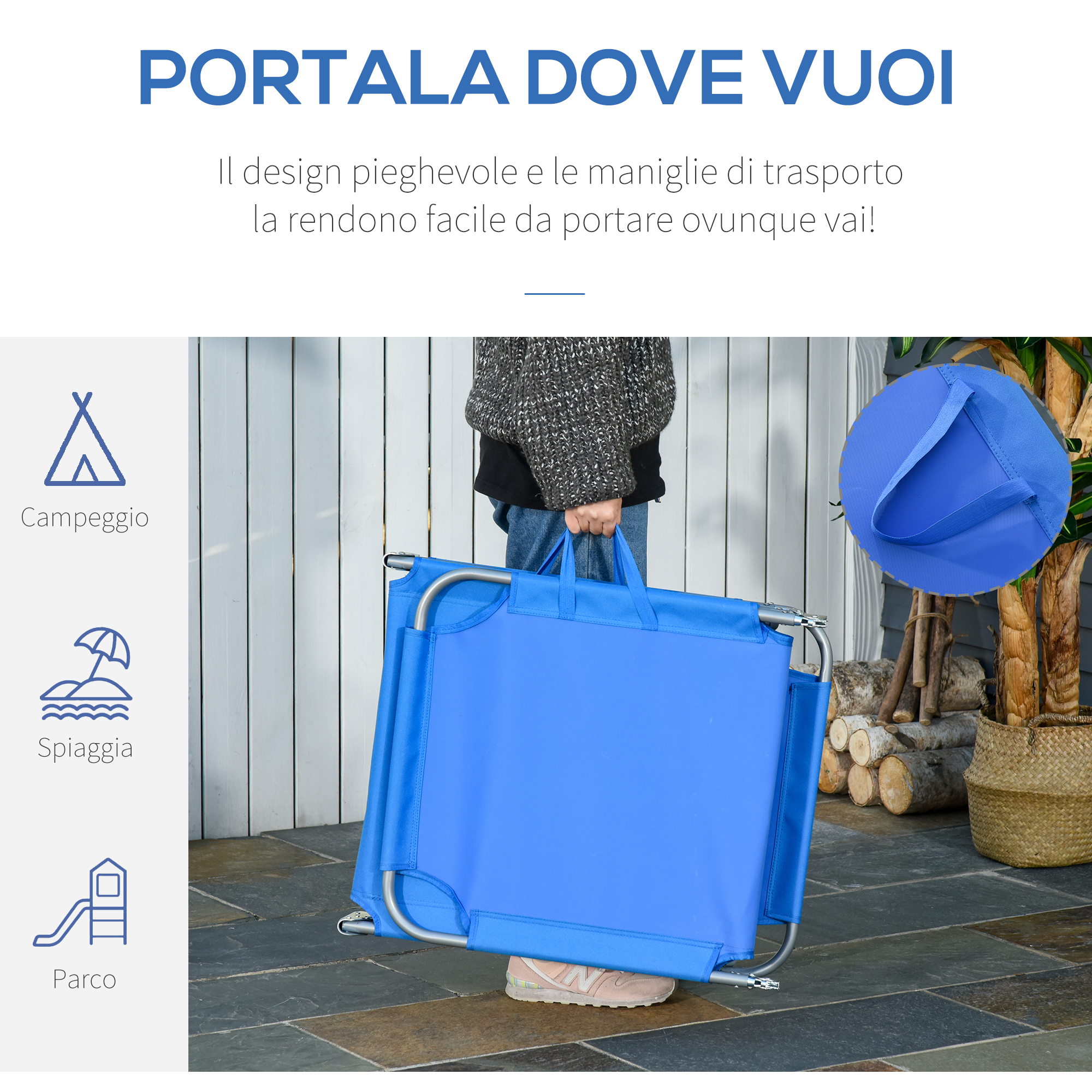 Una persona porta una sedia pieghevole blu. Icone campeggio, spiaggia, parco.