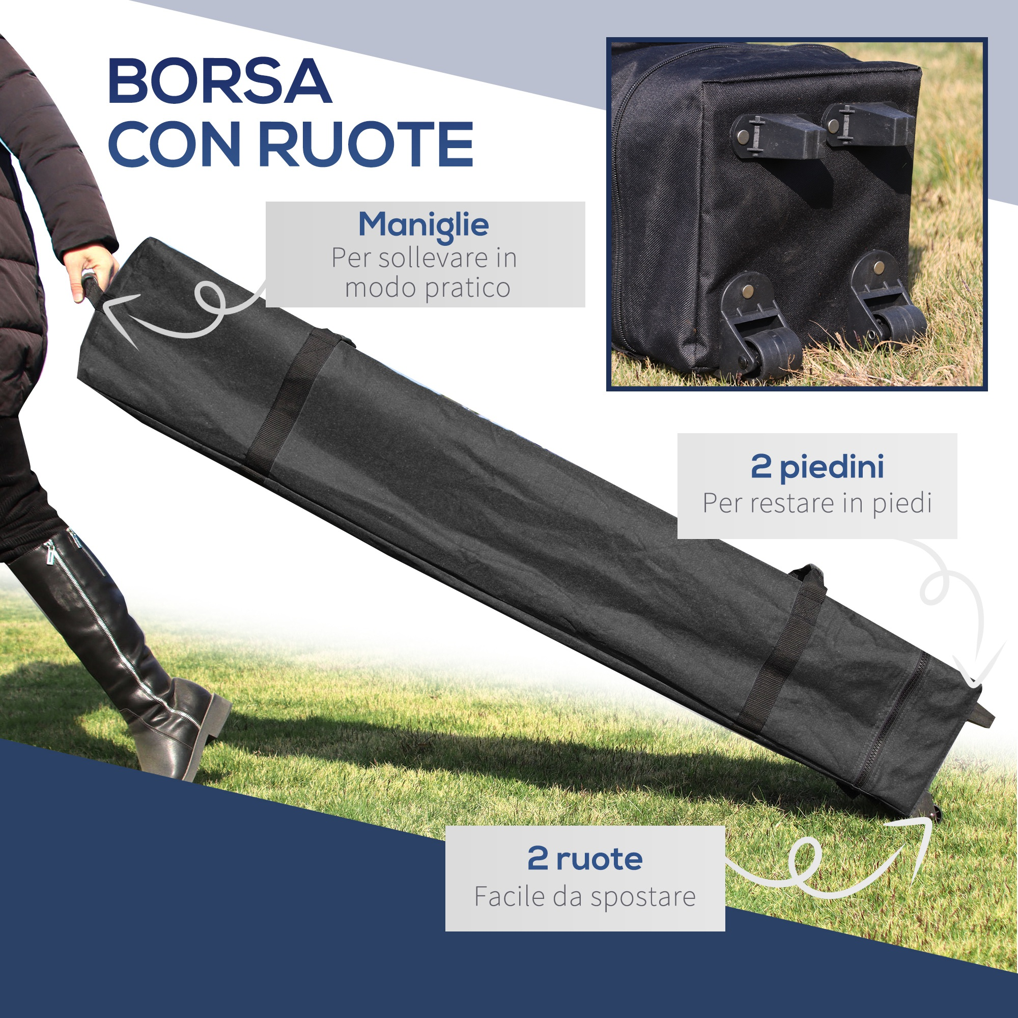 Borsa nera con ruote, manici e piedini sull'erba.