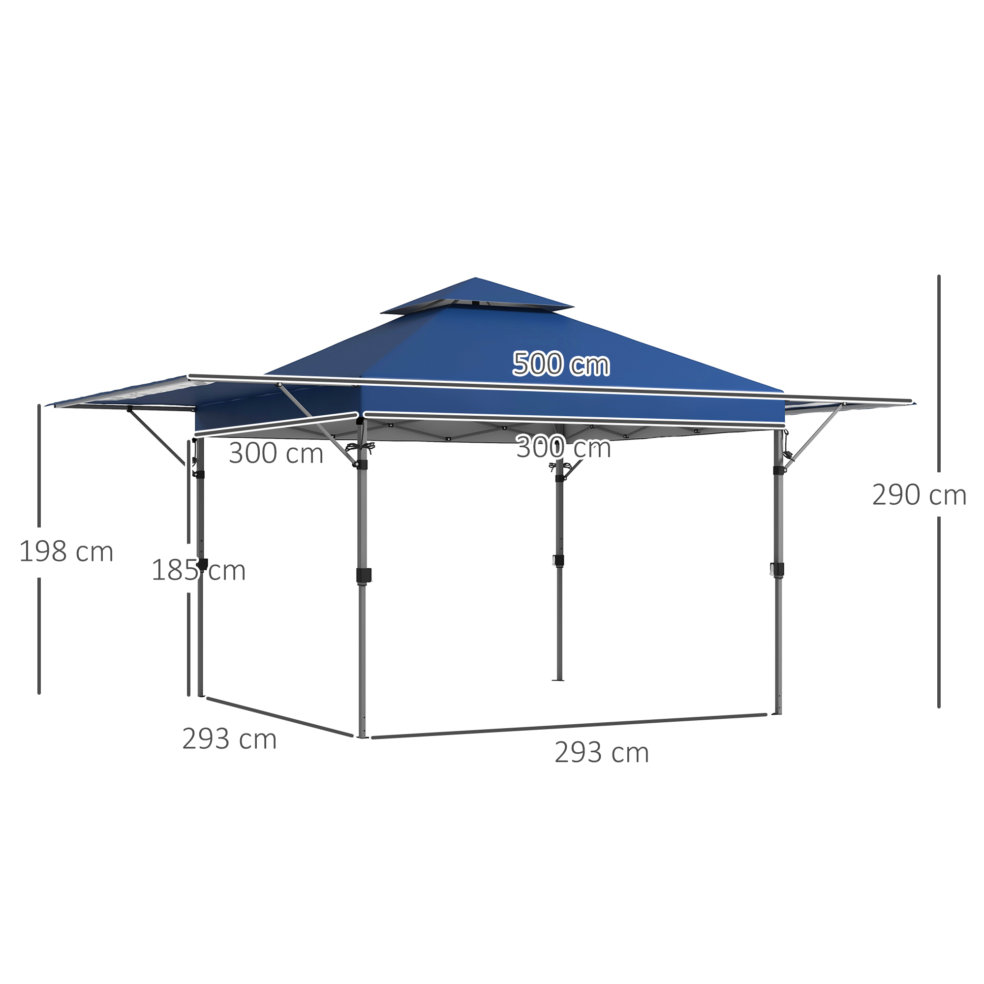 Una tenda a baldacchino blu con dimensioni, inclusa larghezza 500 cm e altezza 290 cm.